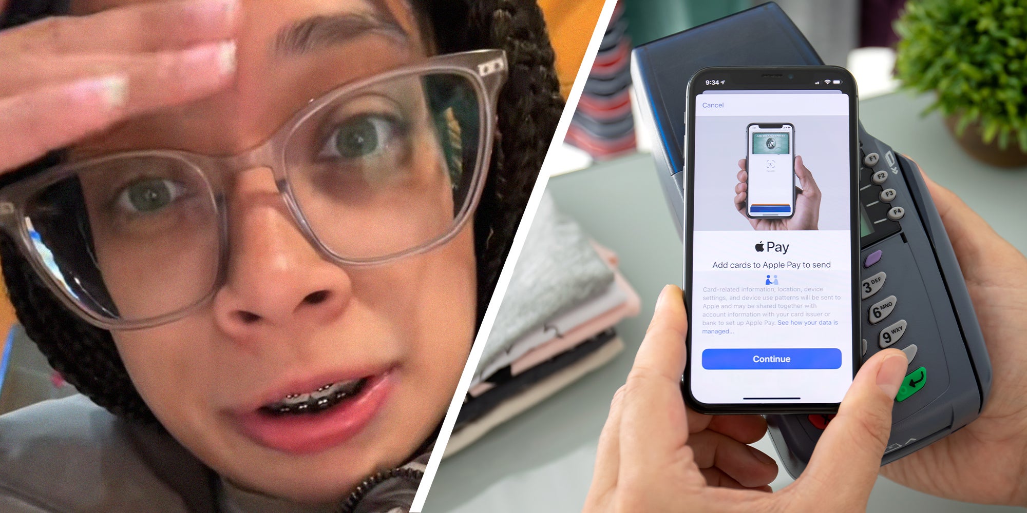 woman shares what happened when she went to a restaurant(l) iPhone on Credit card reader using apple pay(r)