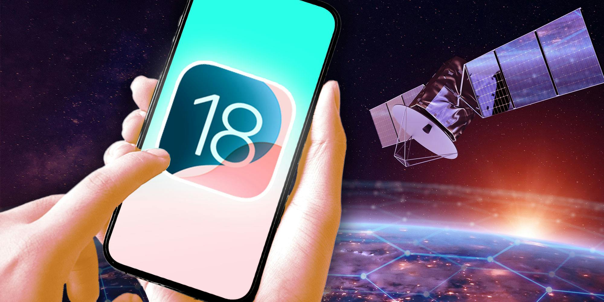 A hand holding an iPhone with the iOs 18 logo in front of a photo of a satellite over earth.