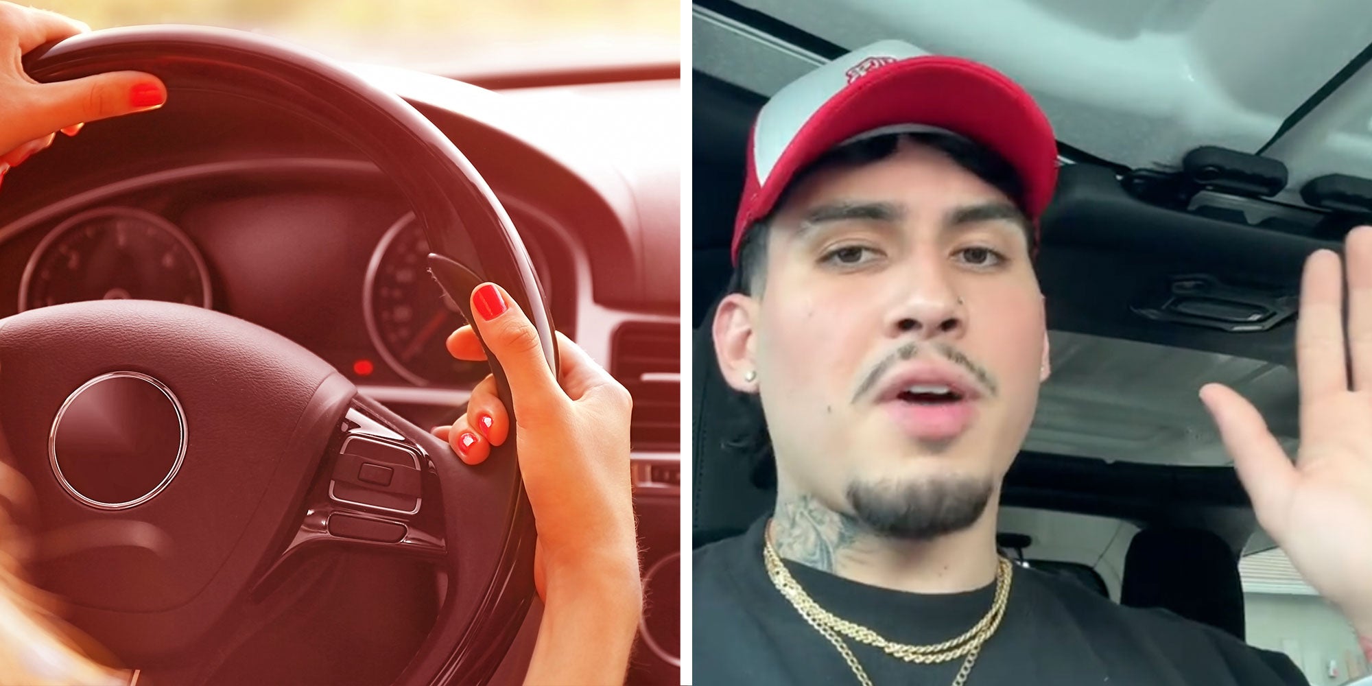Photo of a woman's hands on a steering wheel; Screenshot of Tiktok user @iamomarsanchez.