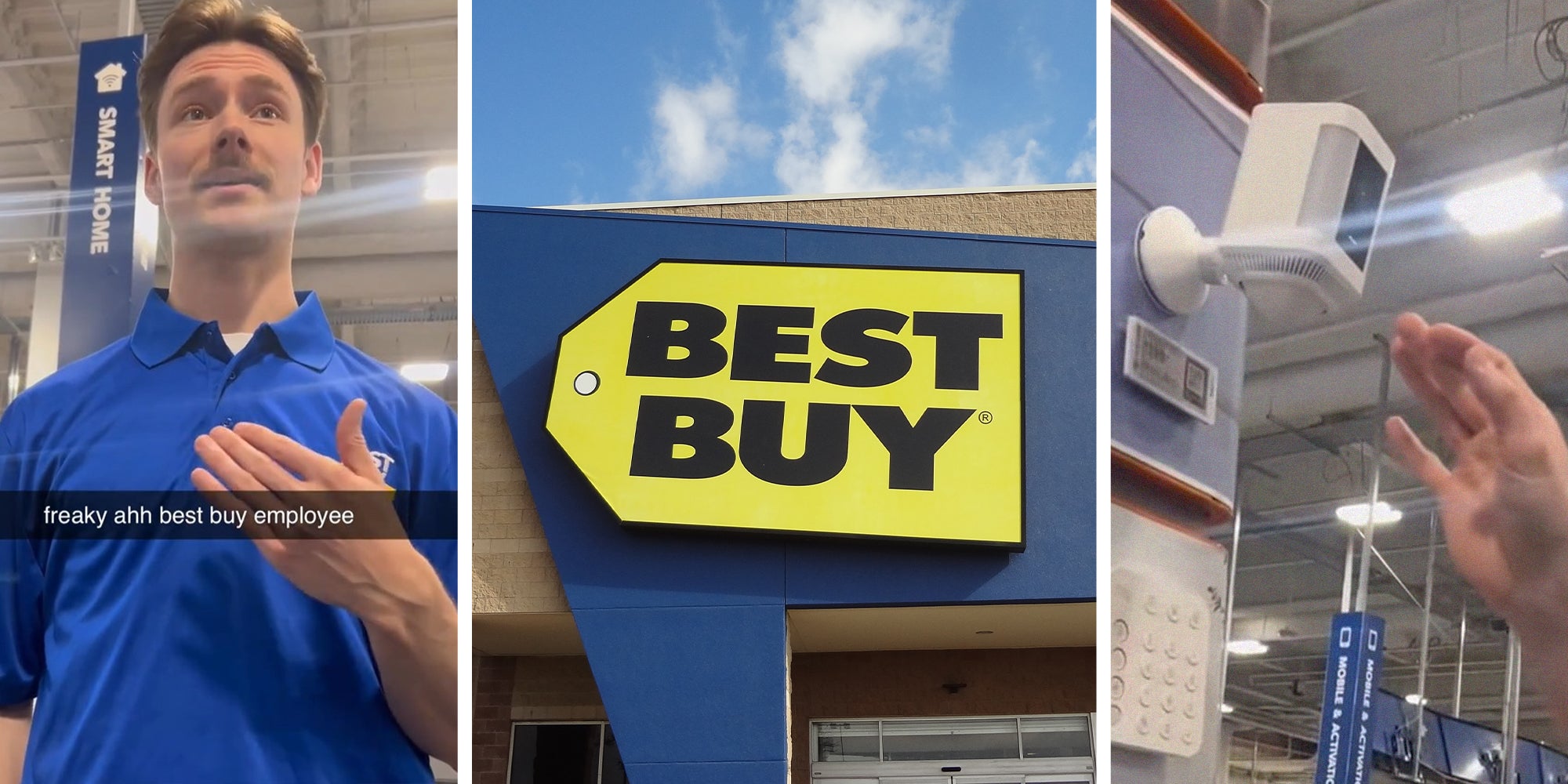 Best buy employee(l) Best Buy Logo Store Front(c) Ring Camera(r)