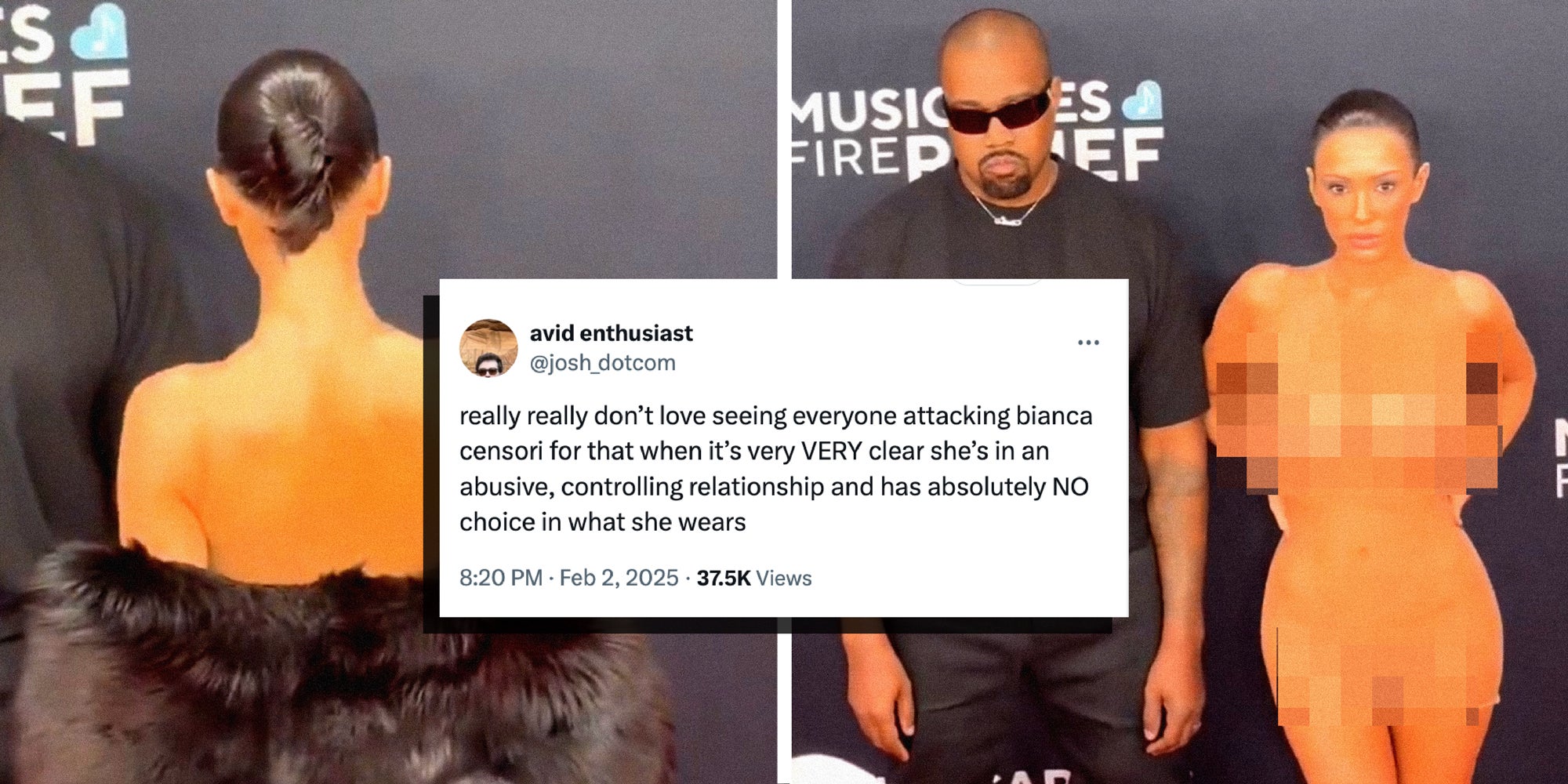 two panel image showing Bianca Censori and Kanye West on the red carpet at the 2025 Grammy Awards.