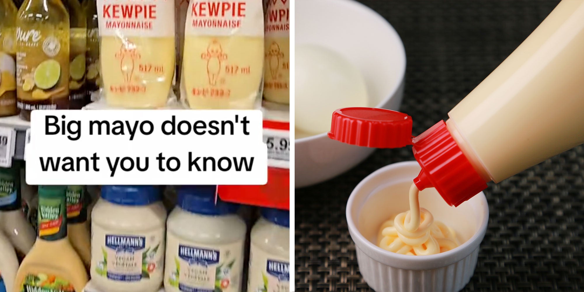 Screenshot from @steelpan.guy of a Mayonnaise grocery shelf with the caption 'Big mayo doesn't want you to know'; Photo of a bottle of Mayonnaise being squeezed into a ramekin
