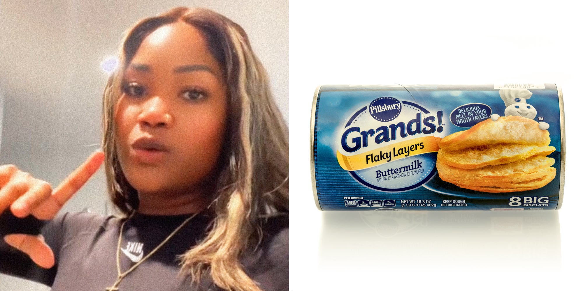 2 panel image: on the left a person explains, and on the right is a can of Pillsbury biscuits.