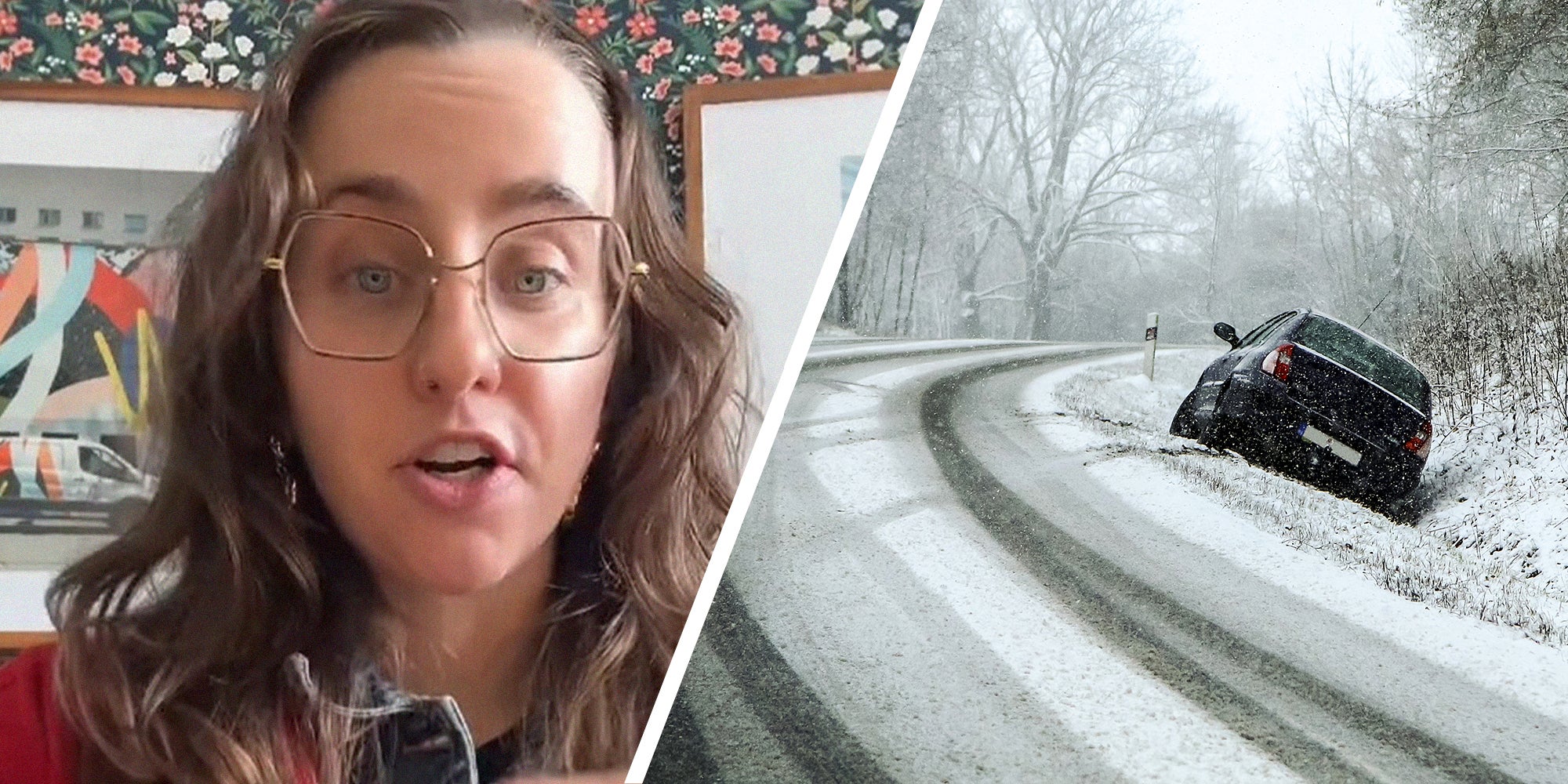 woman shares the dangers of black ice(l) Abandoned car during snow storm in the ditch after the traffic accident(r)