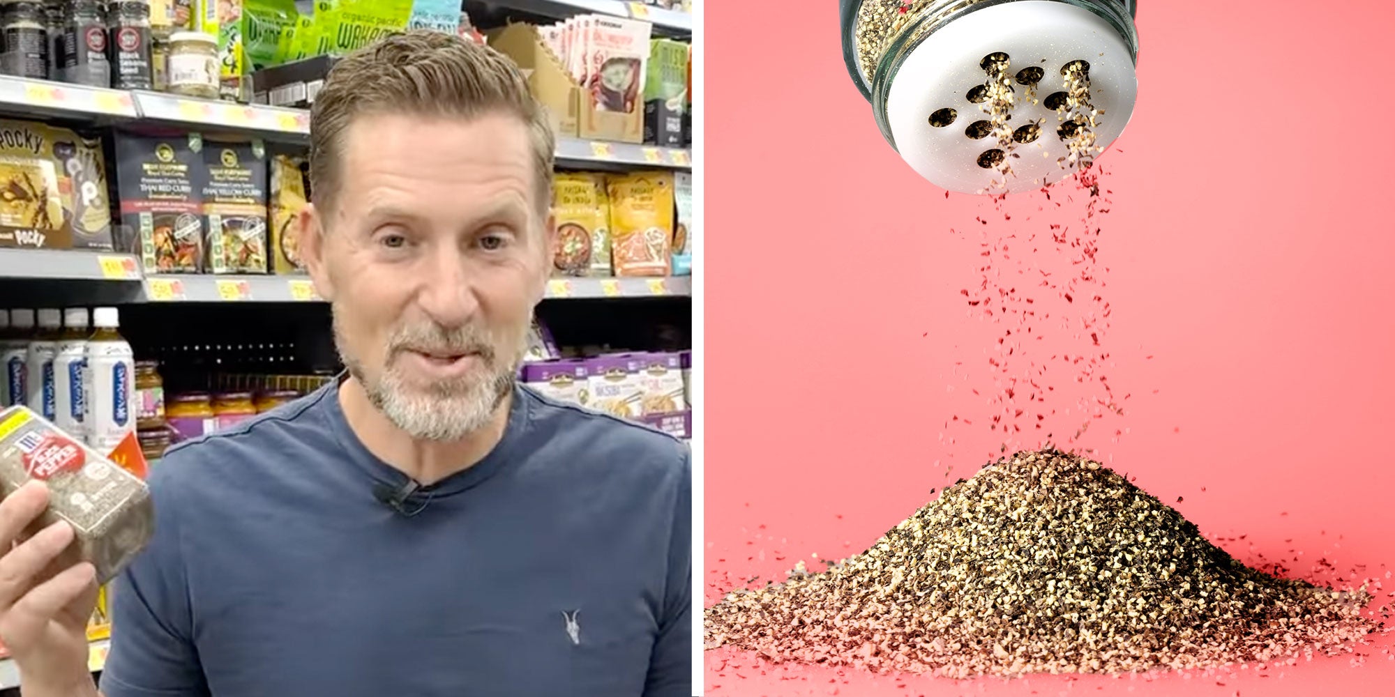 Screenshot of Instagram user @nontoxicdad in a grocery store; Photo of Ground black pepper being poured.