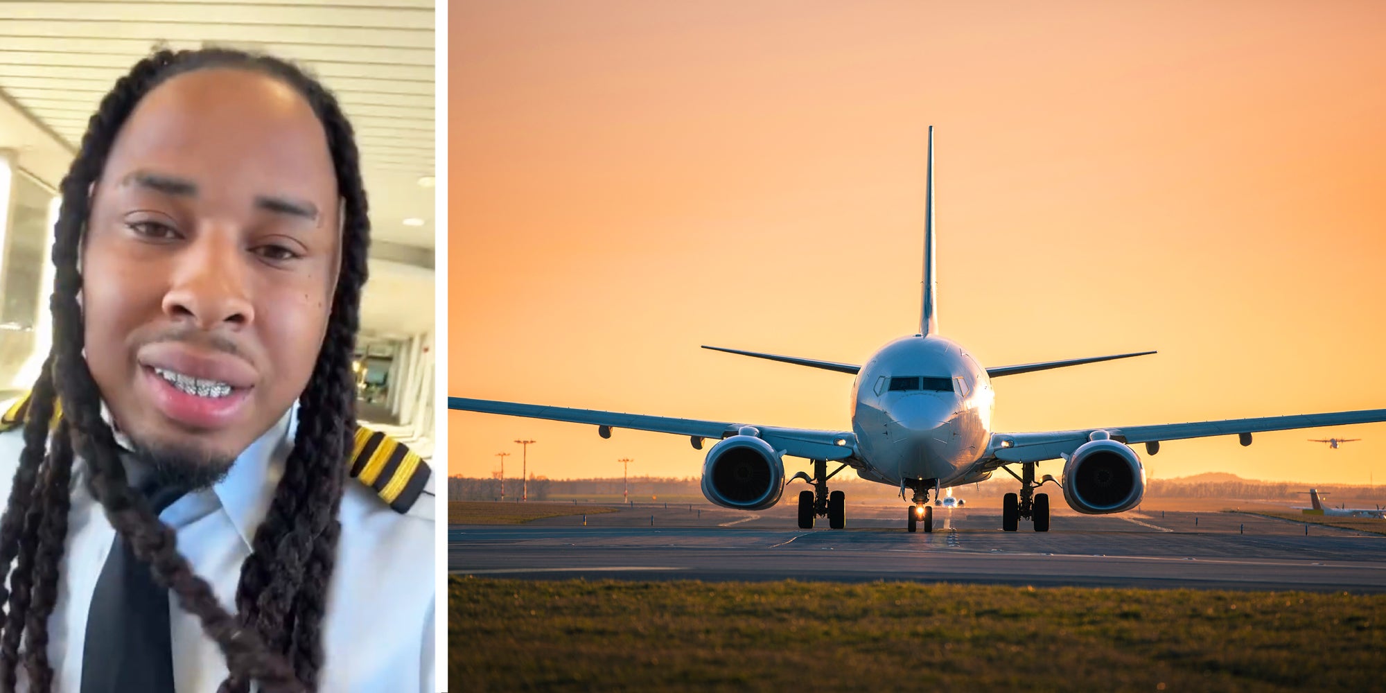 2 panel image: on the left a pilot speaks to camera, on the right an airplane lands on a runway.