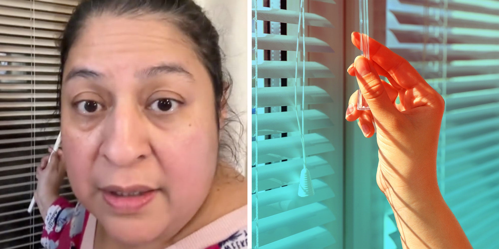Screenshot of Tiktok user @astheworldturns1; Photo of a woman's hand closing venetian blinds.