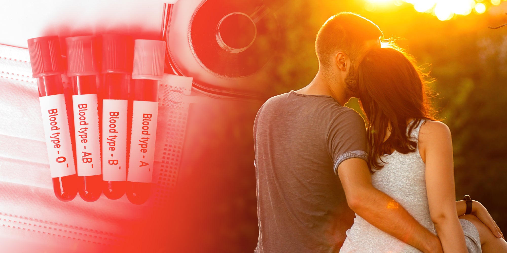 Photo collage image of a couple watching a sunset and vials of blood.