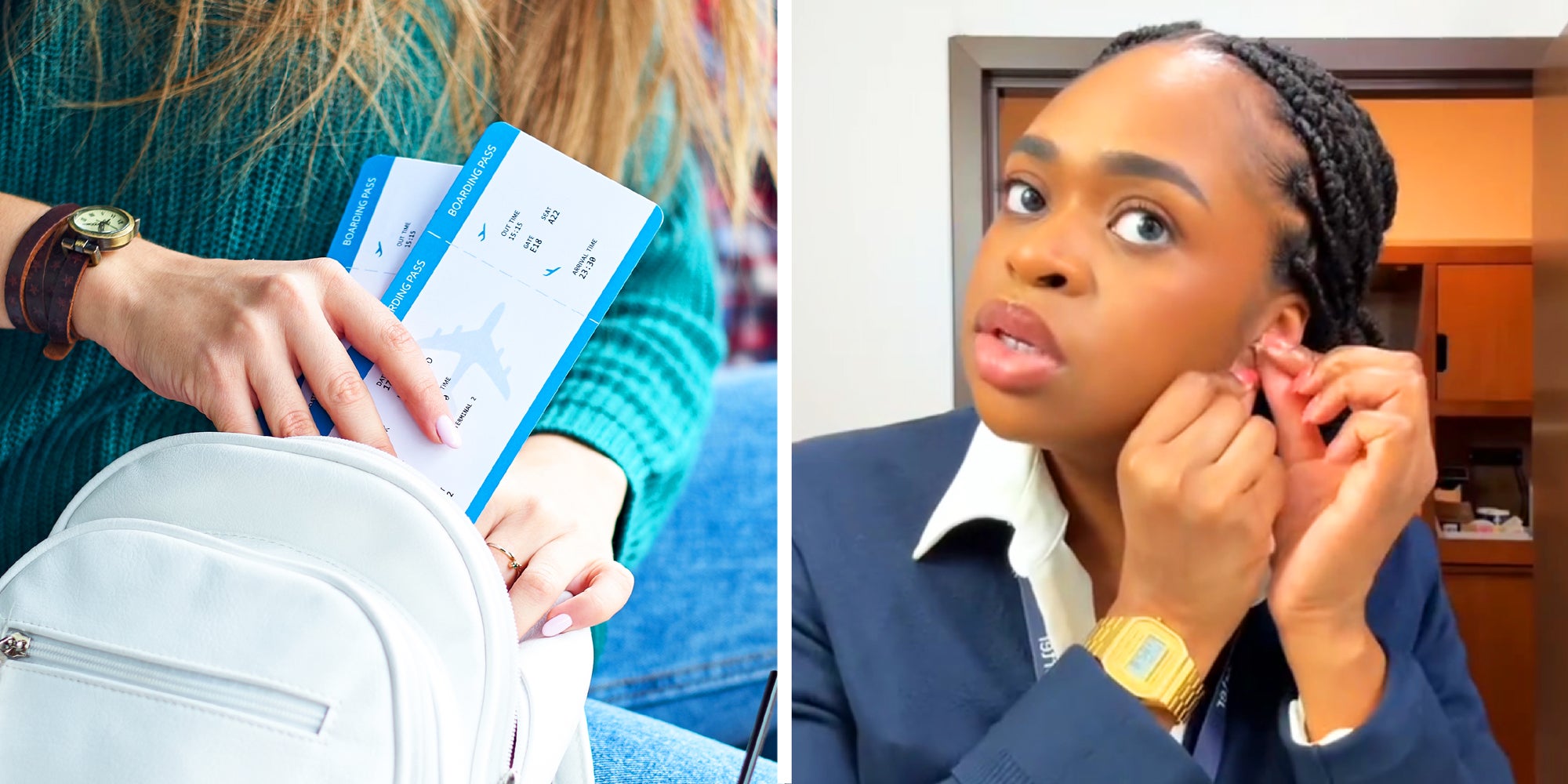2 panel image: on the left a person places a pair of boarding passes in a bag, and on the right a person explains while getting dressed for work.