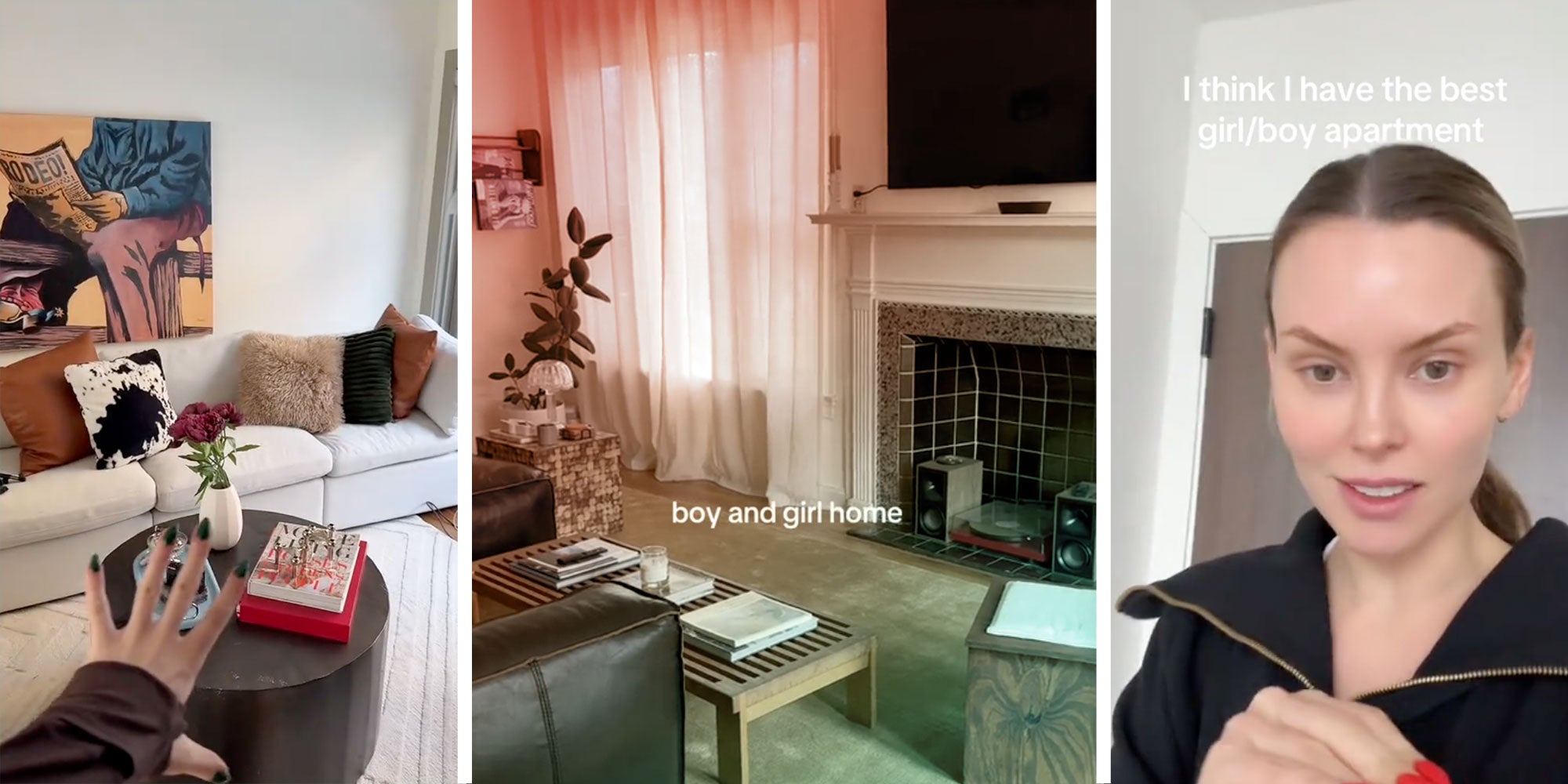 Screenshot of Tiktok user @andoej's living room; Screenshot of Tiktok user @haleys.turn's living room with the caption 'boy and girl home'; Screenshot of Tiktok user @annaredman with the caption 'I think I have the best boy/girl apartment'.
