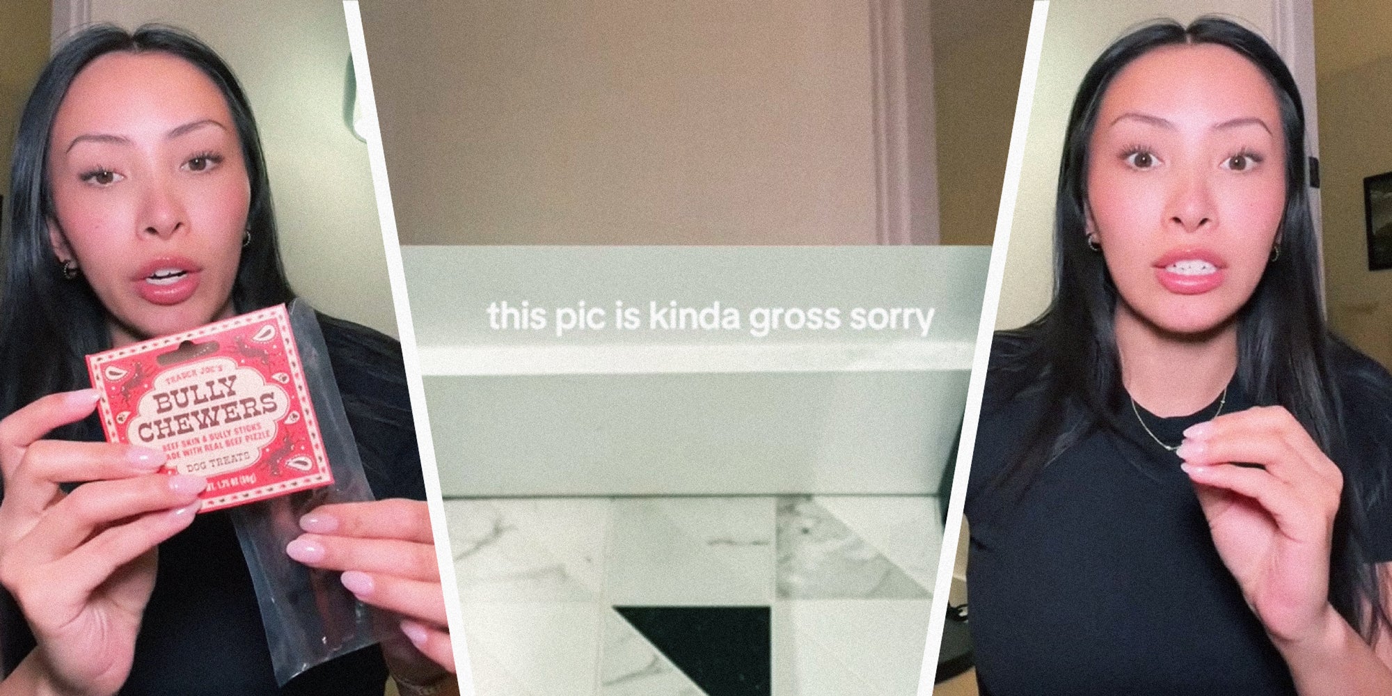 3 panel image showing a person explaining and a cropped image in the middle with text over that says, "This pic is lkinda gross sorry"