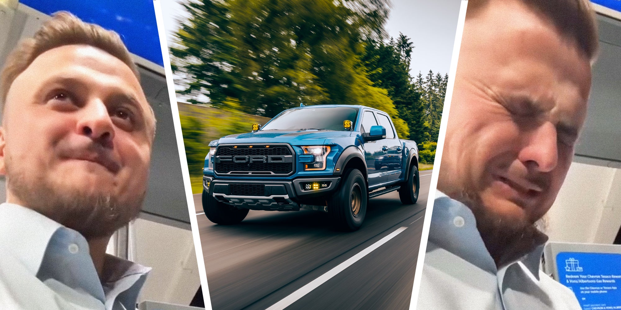 3 panel image that shows a Ford Raptor truck in the middle and a person on the sides. On the left the person is happy. On the right the person is sad.