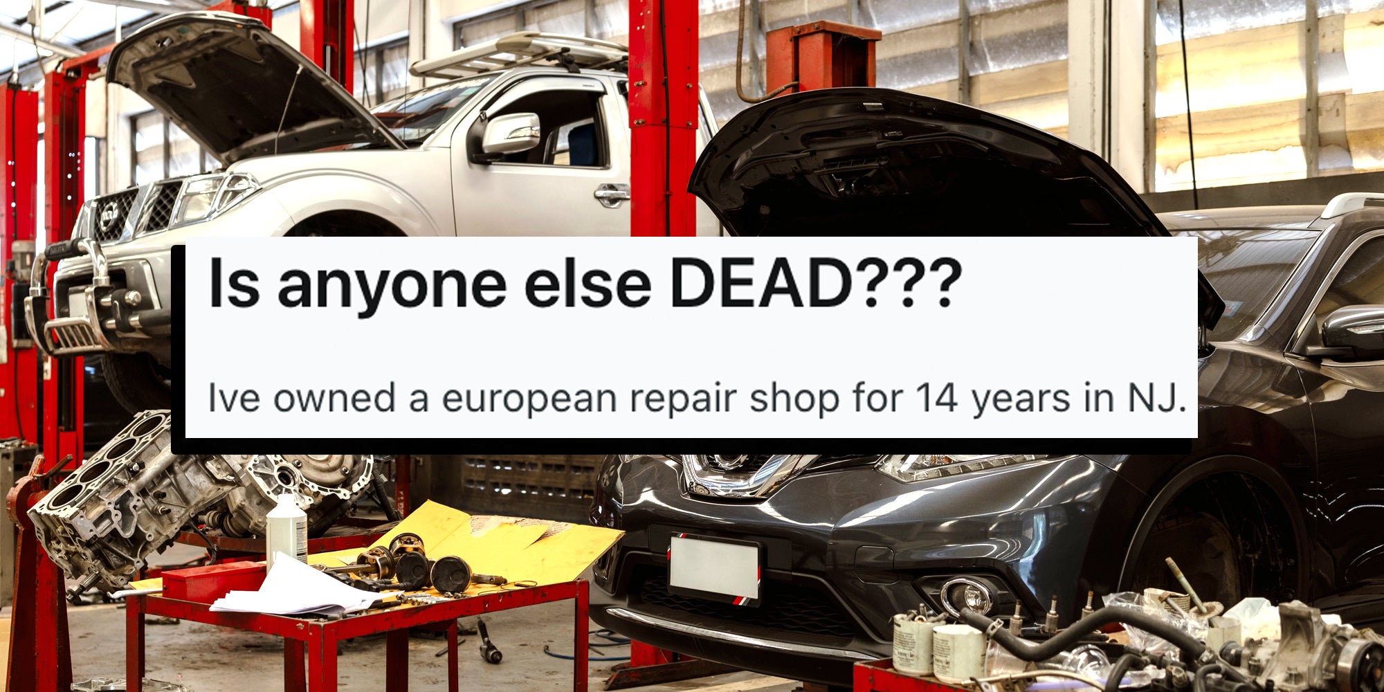 Car Shop with text 'Is anyone else DEAD??? I've owned a european repair shop for 14 years in NJ'