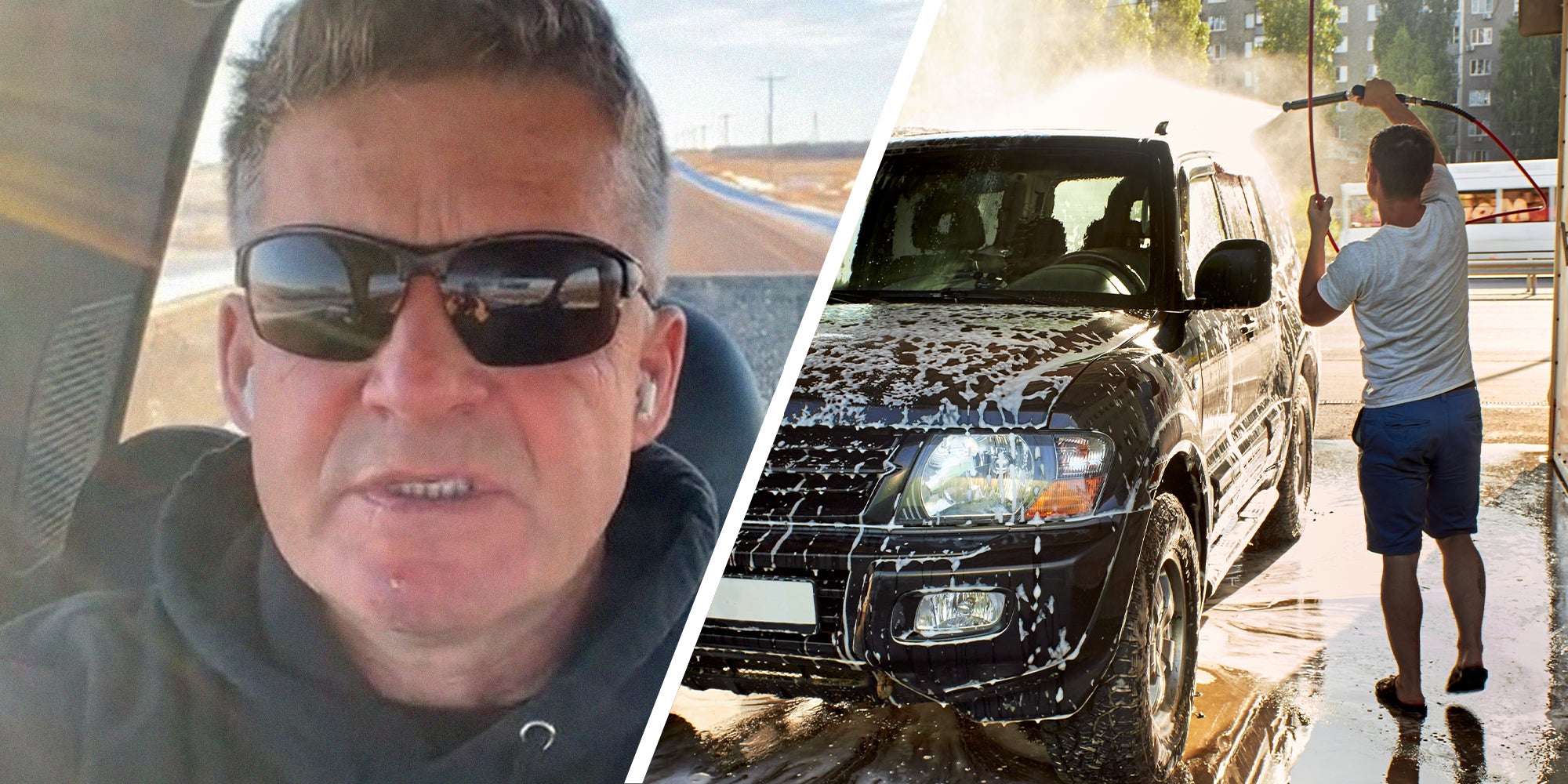 Man wearing dark sunglasses(l) Man washing black vehicle at car wash(r)