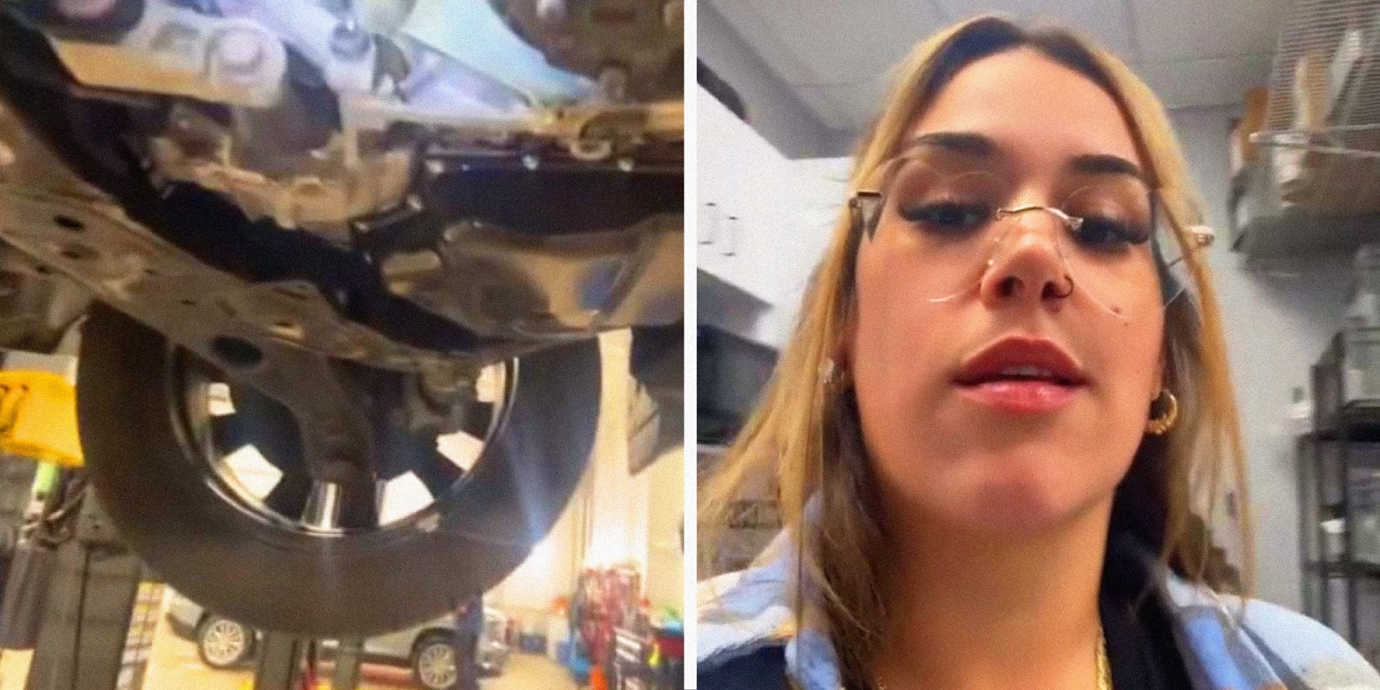 2 panel image: on the left is a car on a mechanic's lift, and on the right a person explains.