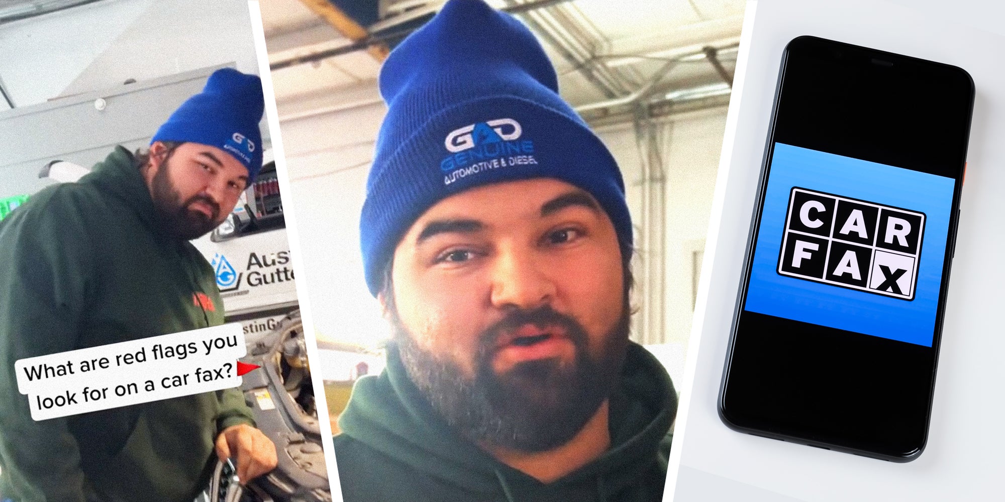 3 panel image. 2 panels show a mechanic explaining. The 3rd panel shows a cellphone with the Carfax logo on it.