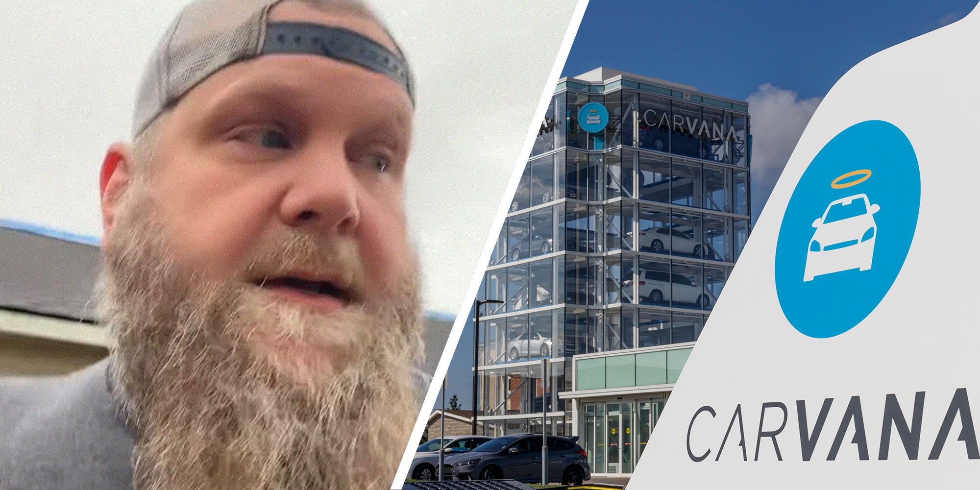 Man shares how easy it was to buy a vehicle online(l) Carvana building with logo on display(r)