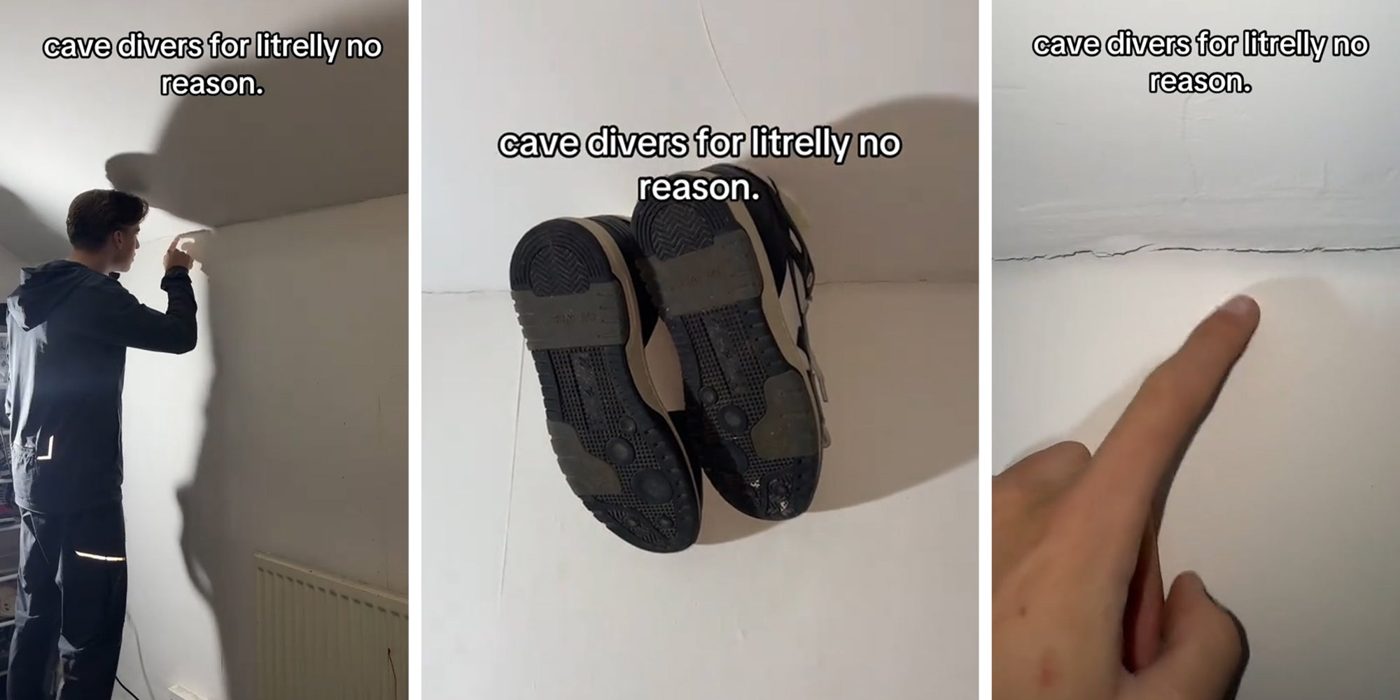 Person pointing at small crack on while(l) shoes hanged on wall(c) finder pointing at cracked wall(r)