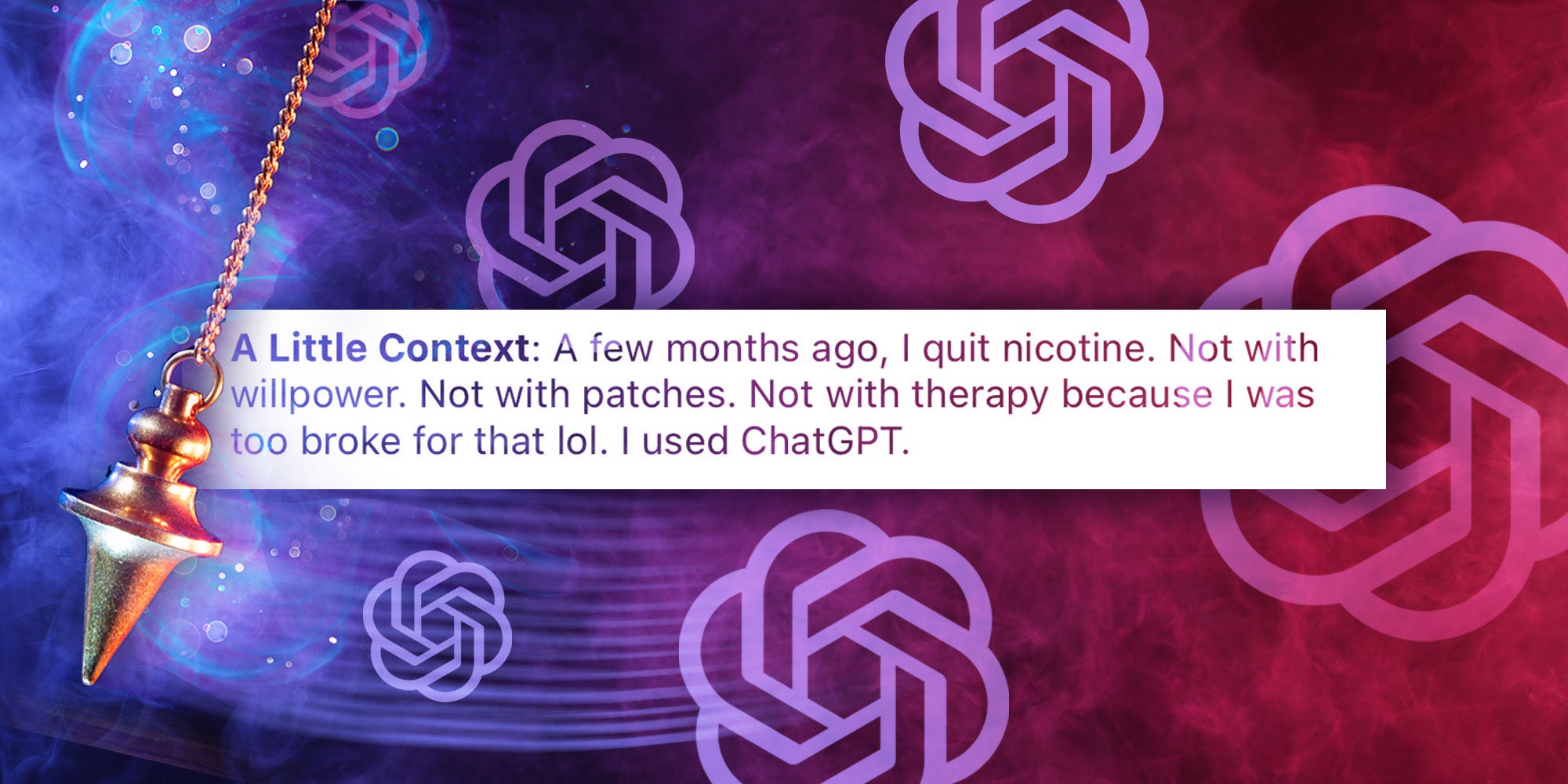 A pendulum swinging over a Reddit post with floating ChatGPT symbols in the background. Caption: ' A Little Context: A few months ago, I quit nicotine. Not with willpower. Not with patches. Not with therapy because I was too broke for that lol. I used ChatGPT.'