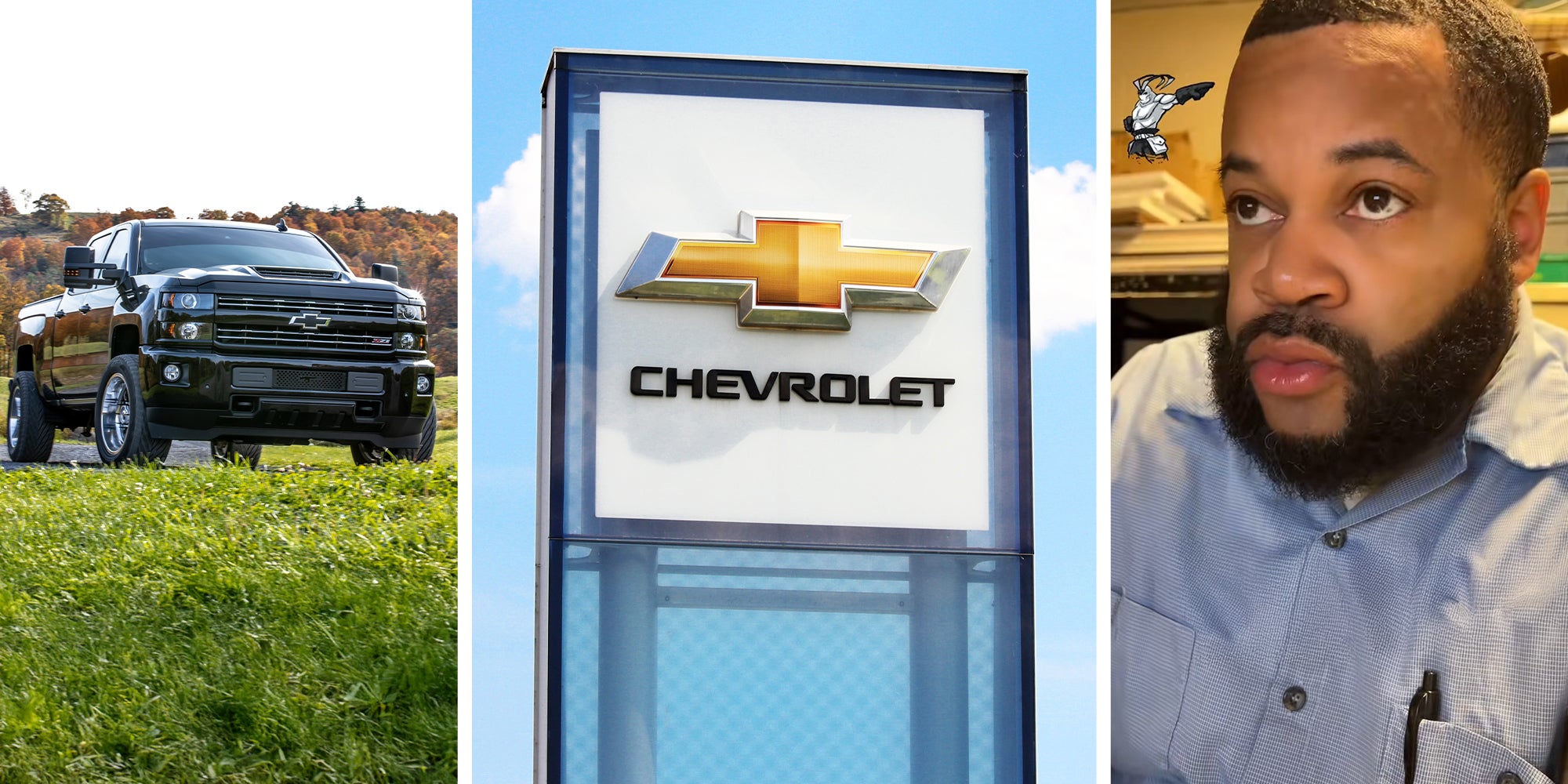 Chevrolet Silverado black Pickup(l) Chevrolet dealer sign(c) Man looking perplexed(r)