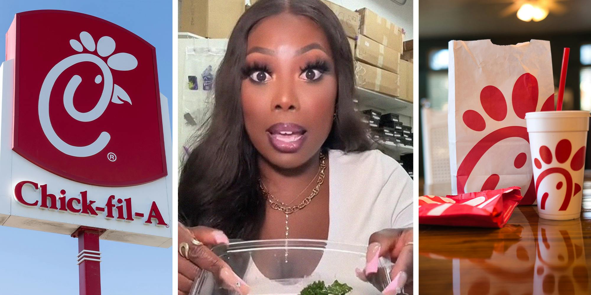 Chick Fil A Sign(l) Woman shares salad she bought(c) Chick Fil A Food Bag(r)