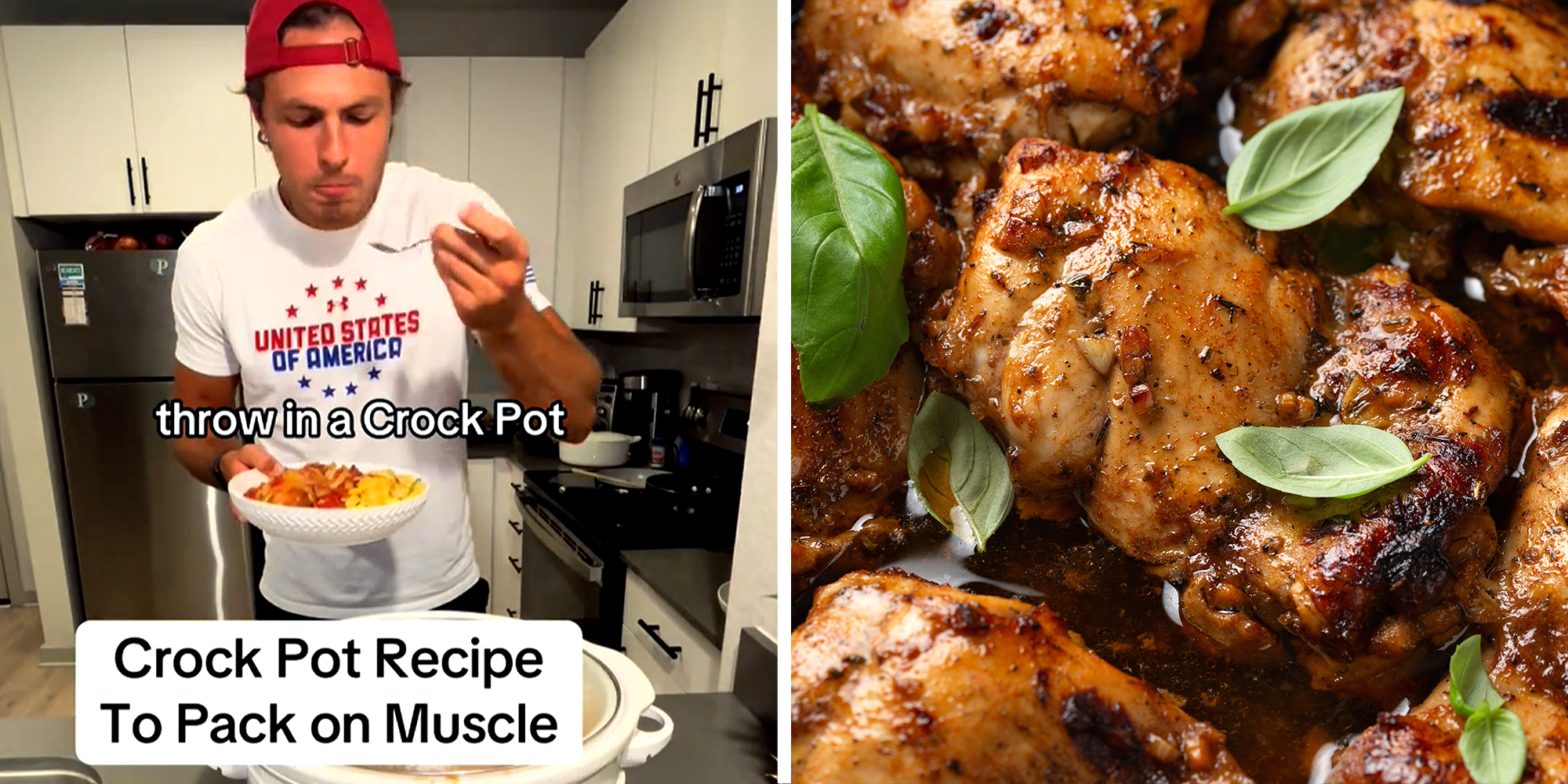 Man in hat in the kitchen making recipe in crock pot with text over that reads 'throw in a Crock Pot' 'Crock Pot Recipe To Pack on Muscle' on left. Spiced chicken with basil leaves on right.