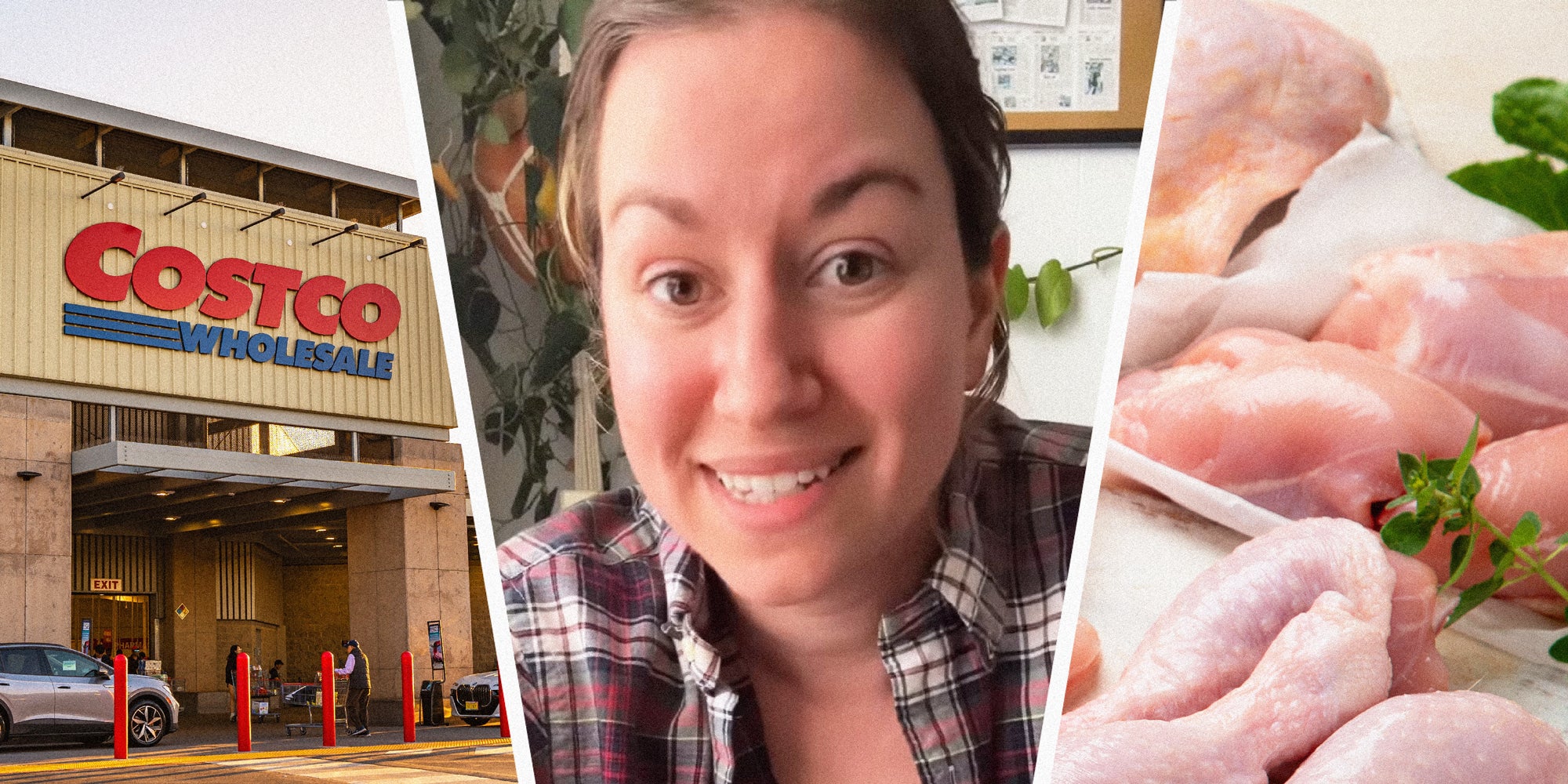 3 panel image: on the left is a Costco store, in the middle a person explains, and on the right are pieces of poultry meat.