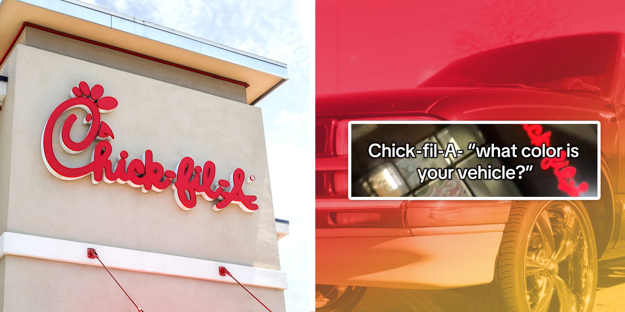A Chick-fila-A exterior building; Screenshot of Tiktok user @im_adam_jr's car with the caption 'Chick-fil-A-'what color is your vehicle?''