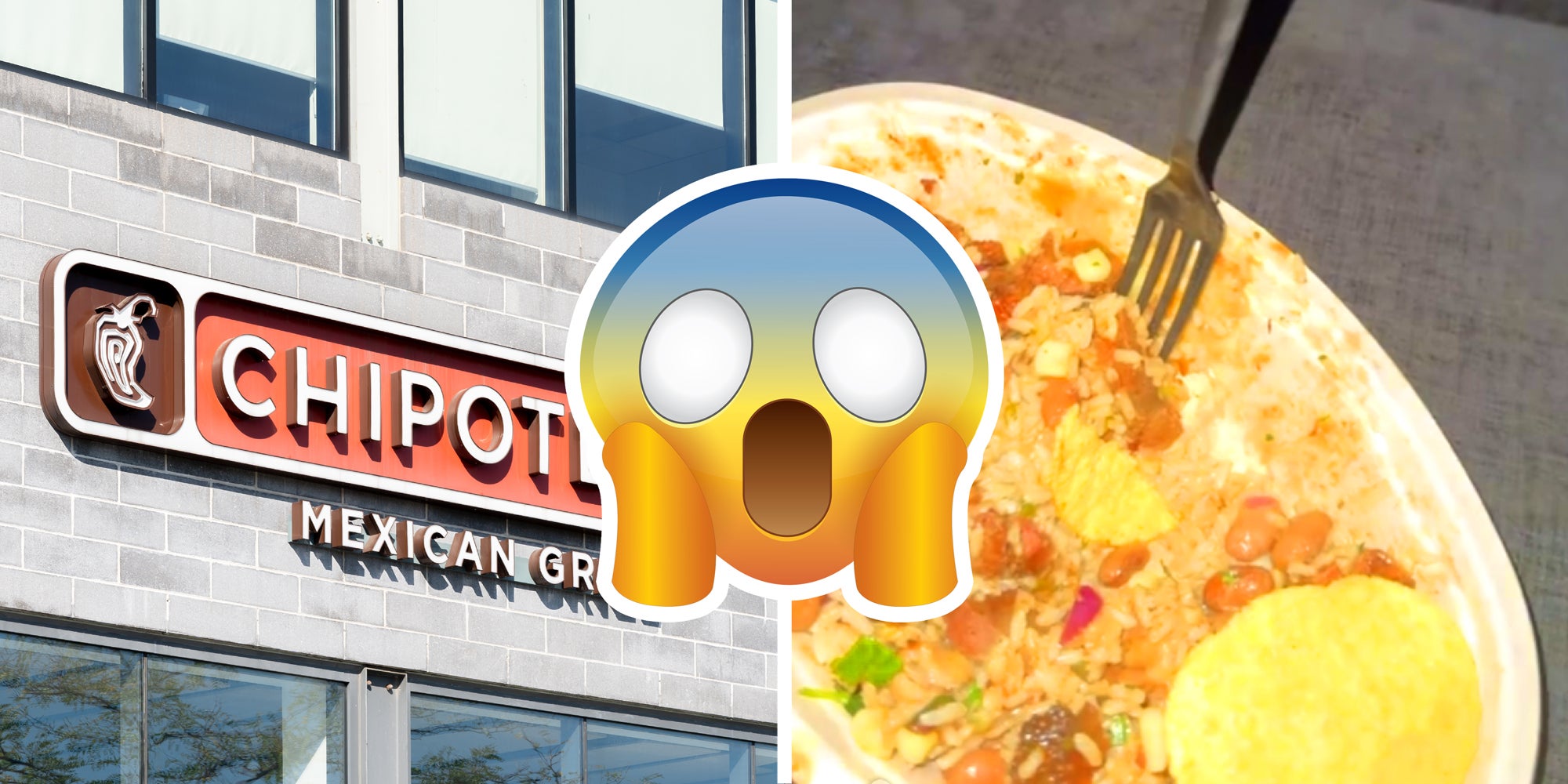 2 panel image with the exterior of a Chipotle sign on the left and a burrito bowl on the right.