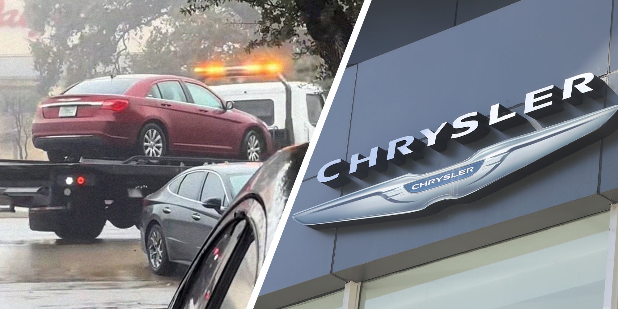 Chrysler Car on tow truck(l) Chrysler Dealer Sign(r)