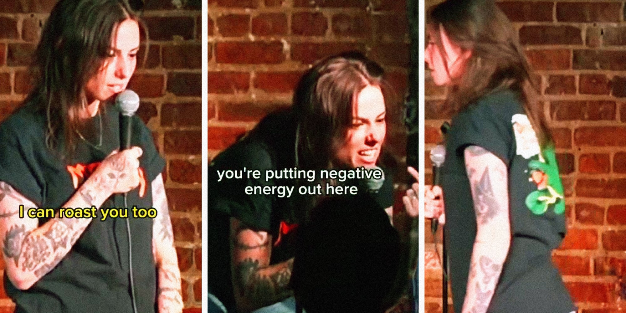 3 panel image of different moments from the TikTok video. Text over says, 'I can roast you too' (audience member) and 'you're putting negative energy out there' (comedian).