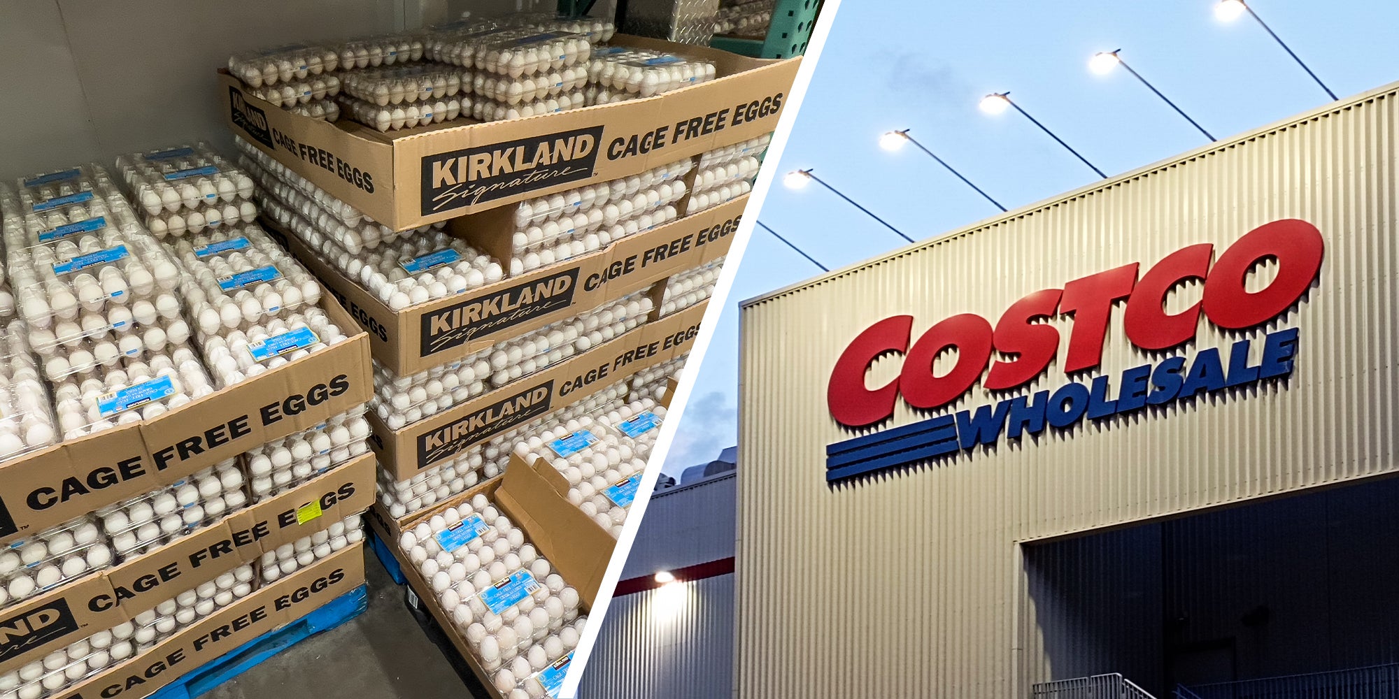 Kirkland eggs stocked up(l) Costco Wholesale sign on building(r)