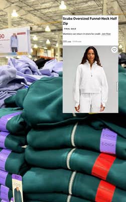 Still from a video in Costco showing off the Scuba dupes they have available. Overlaid is a screenshot from the Lululemon website of the higher-priced Scuba sweater.