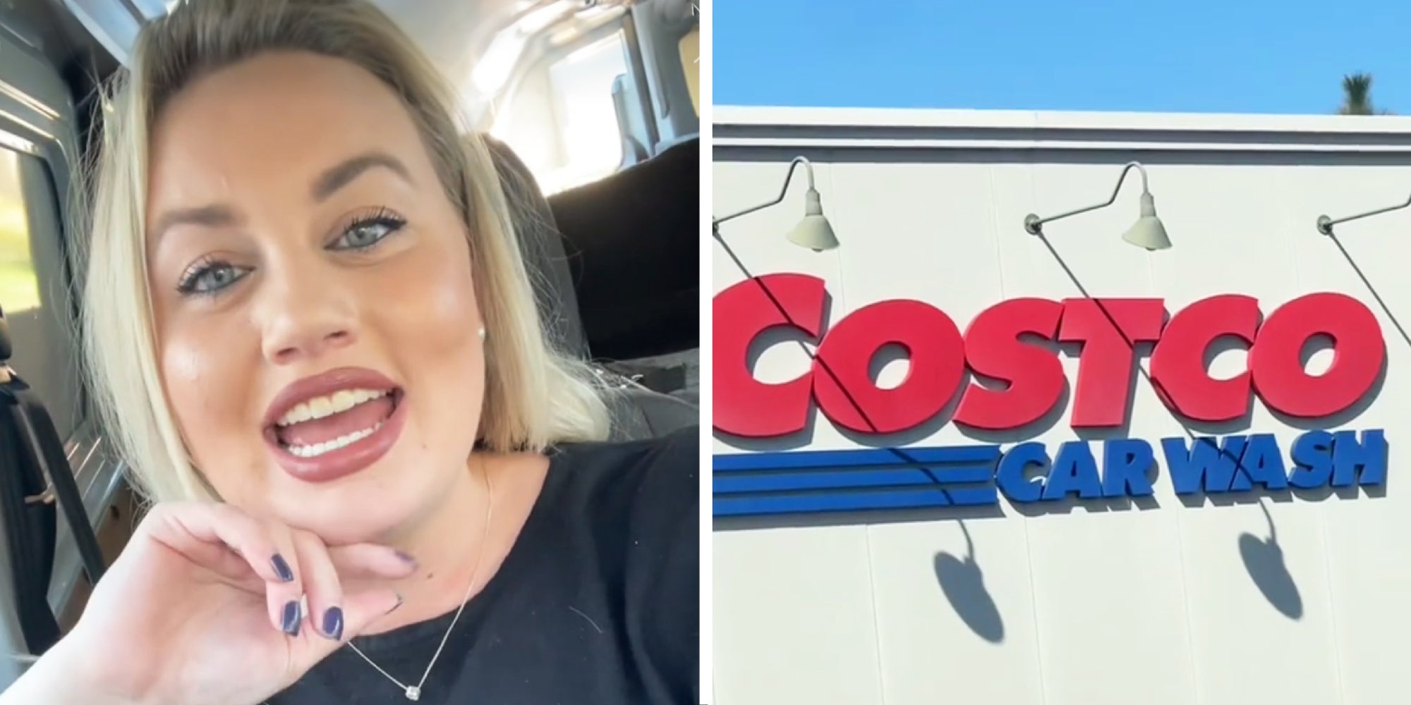 2 panel image: on the left a person speaks and on the right the outside of a Costco Car Wash.