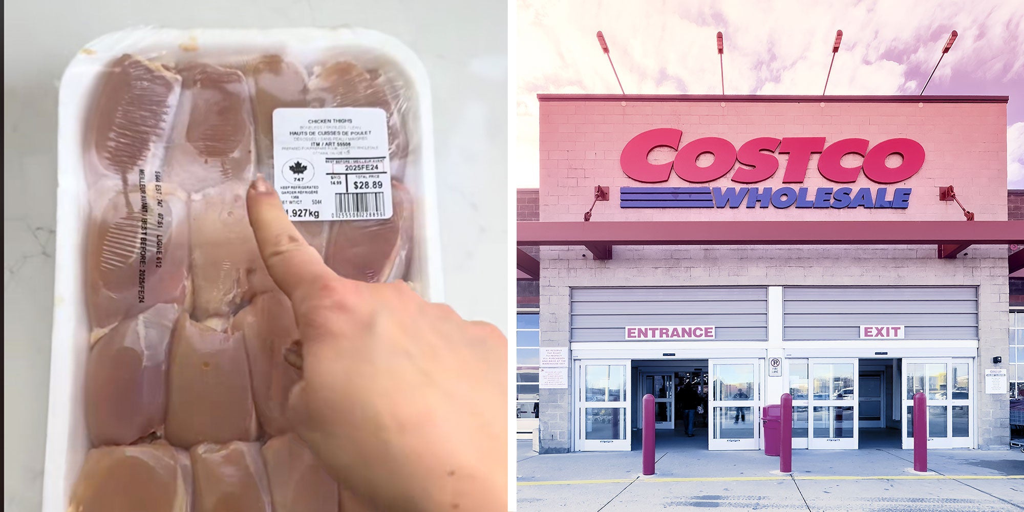 Screenshot from @adriana.paolella's Tiktok of a hand pointing at a package of Costco Chicken Thighs; Photo of a Costco exterior.