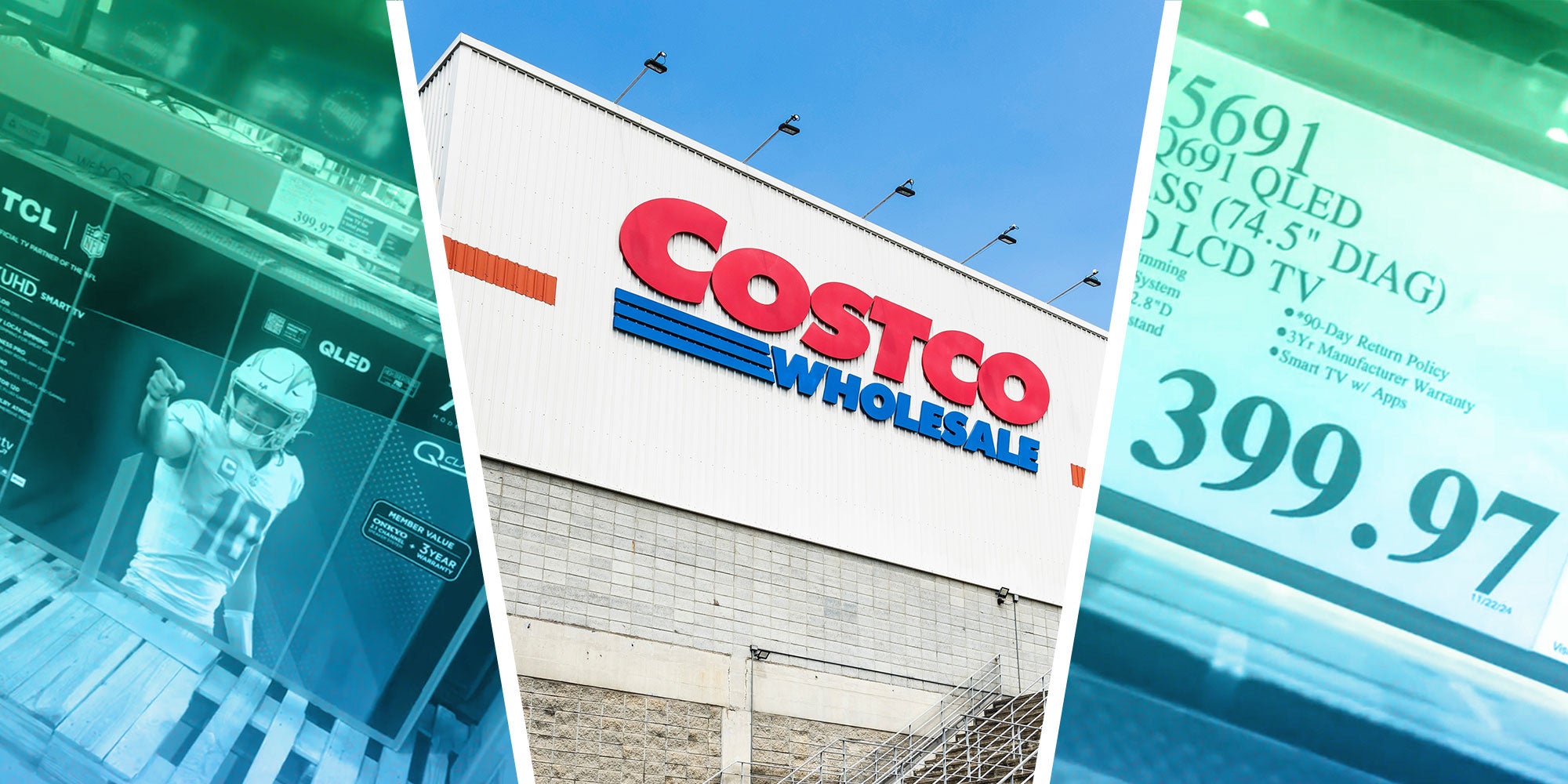 Left: Screenshot from @@rachelovee's Tiktok of a 75in TV at Costco; Center: Costco Exterior; Right: Screenshot from @rachelovee's Tiktok of a Costco price tag for 399.97