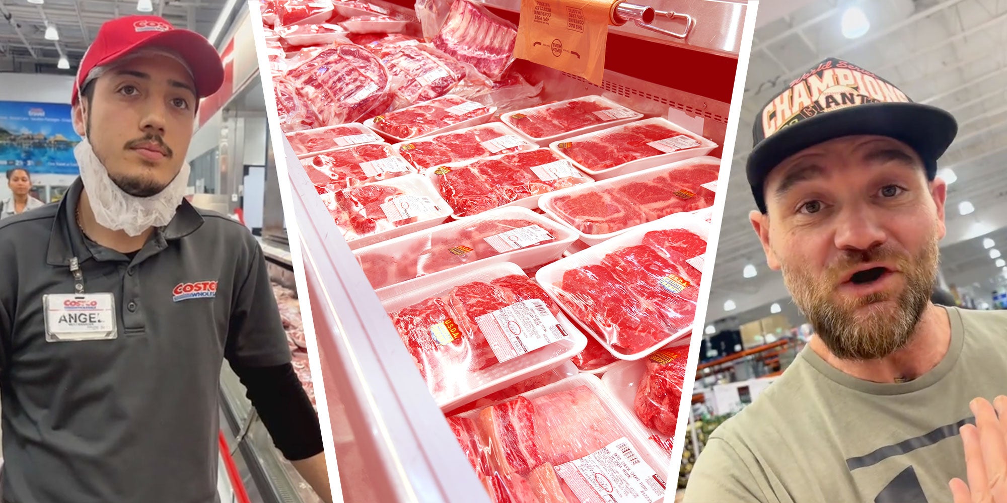 Screenshot of a Costco butcher from @@meatdad's Tiktok; photo of a Costco Meat display; Screenshot of Tiktok user @meatdad.