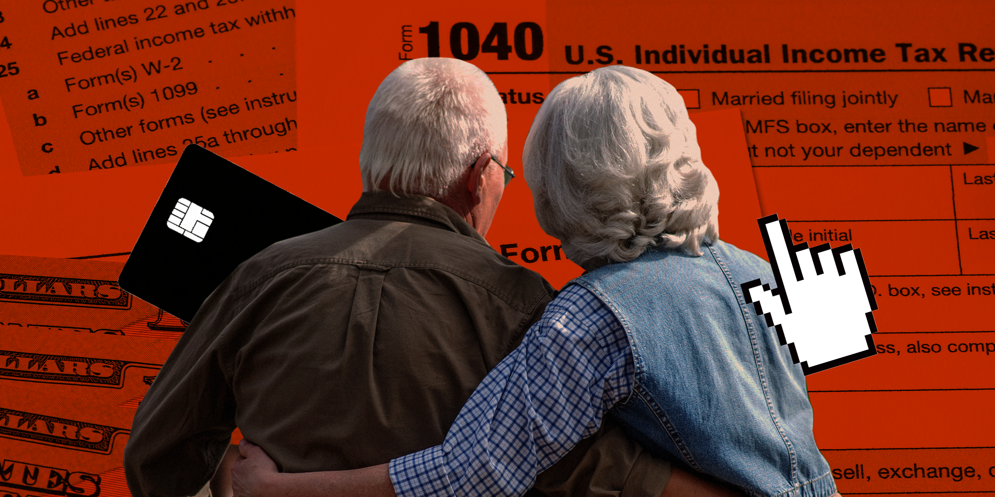 Back of couple embracing with tax forms behind them and food stamp card and mouse cursor around them.