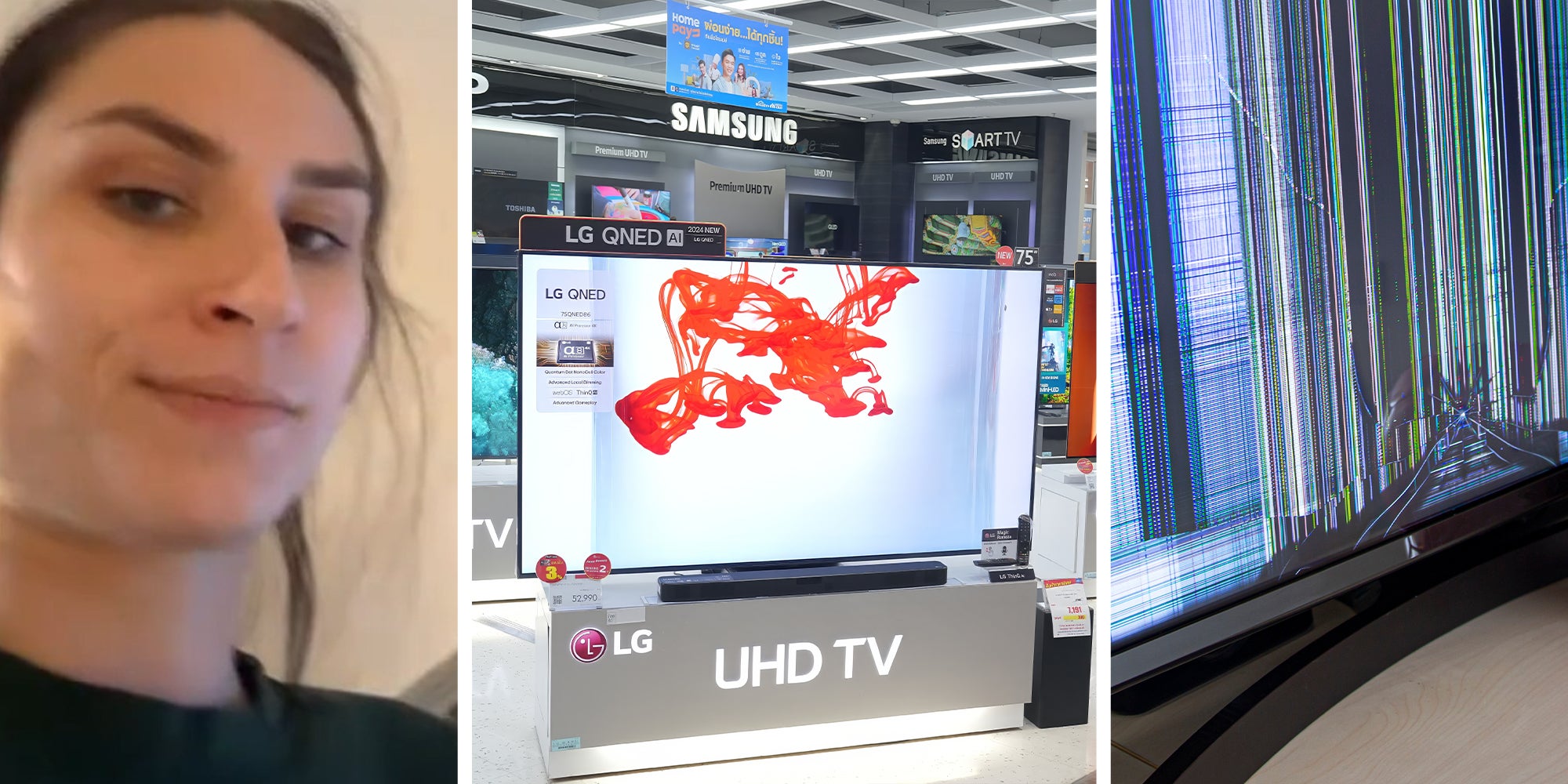 Woman shares trick to fix broken tv(l) Brand new lg tv on display(c) Broken Tv Screen(r)