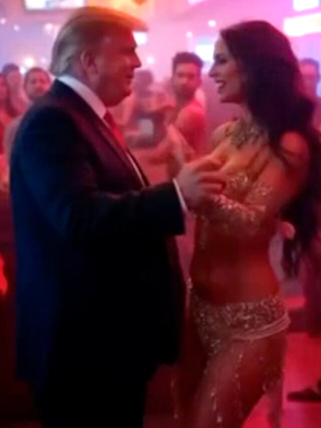 Woman and two boys holding hands walking out of cave on to paradise city on a beach(l), Donald Trump and Woman dancing(c), Architecture that says 'Trump Gaza'(r)