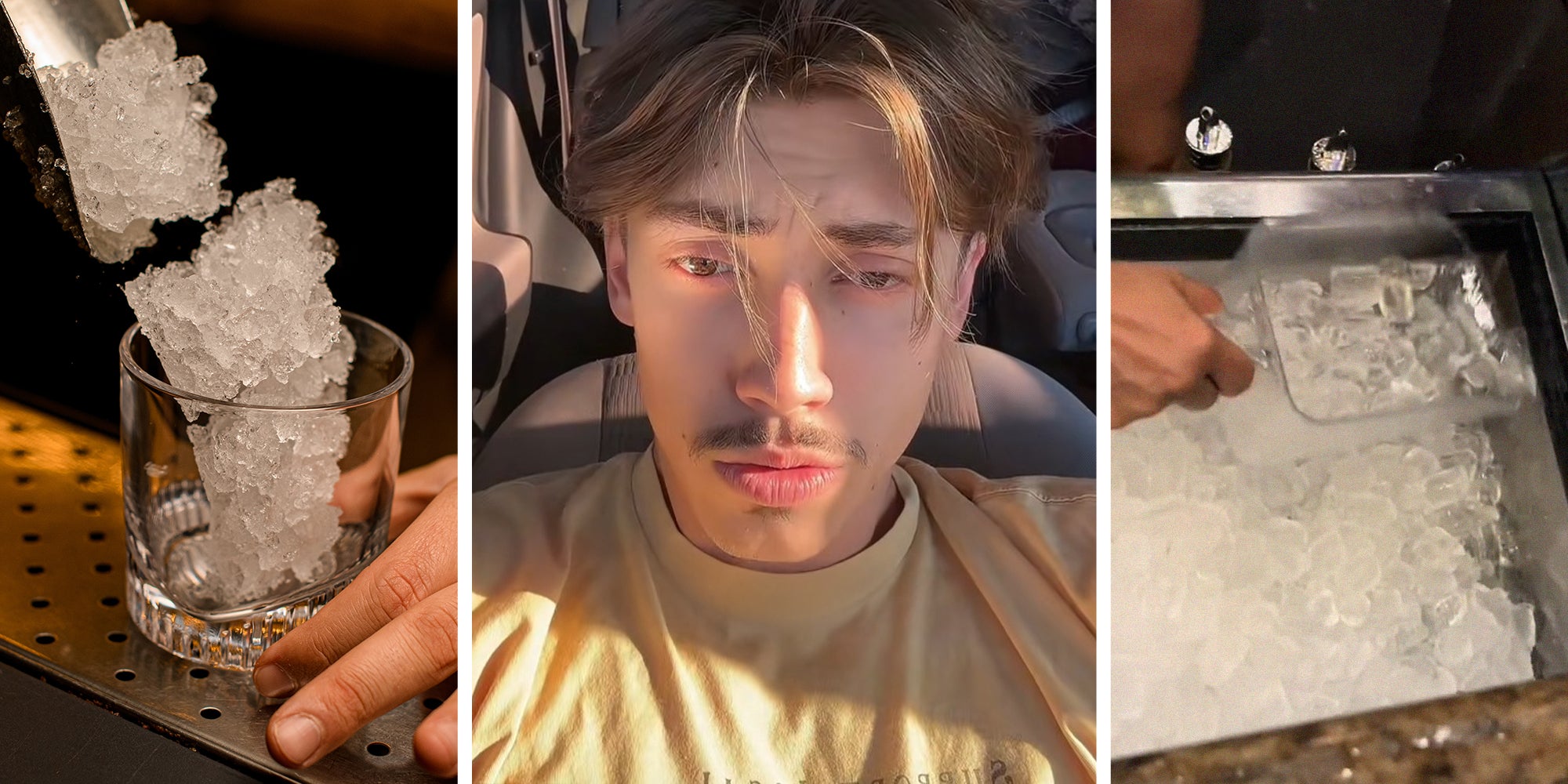 pouring ice on a cup of glass(l) Man shares why not to buy ice at a bar(c) picking up ice from container(r)
