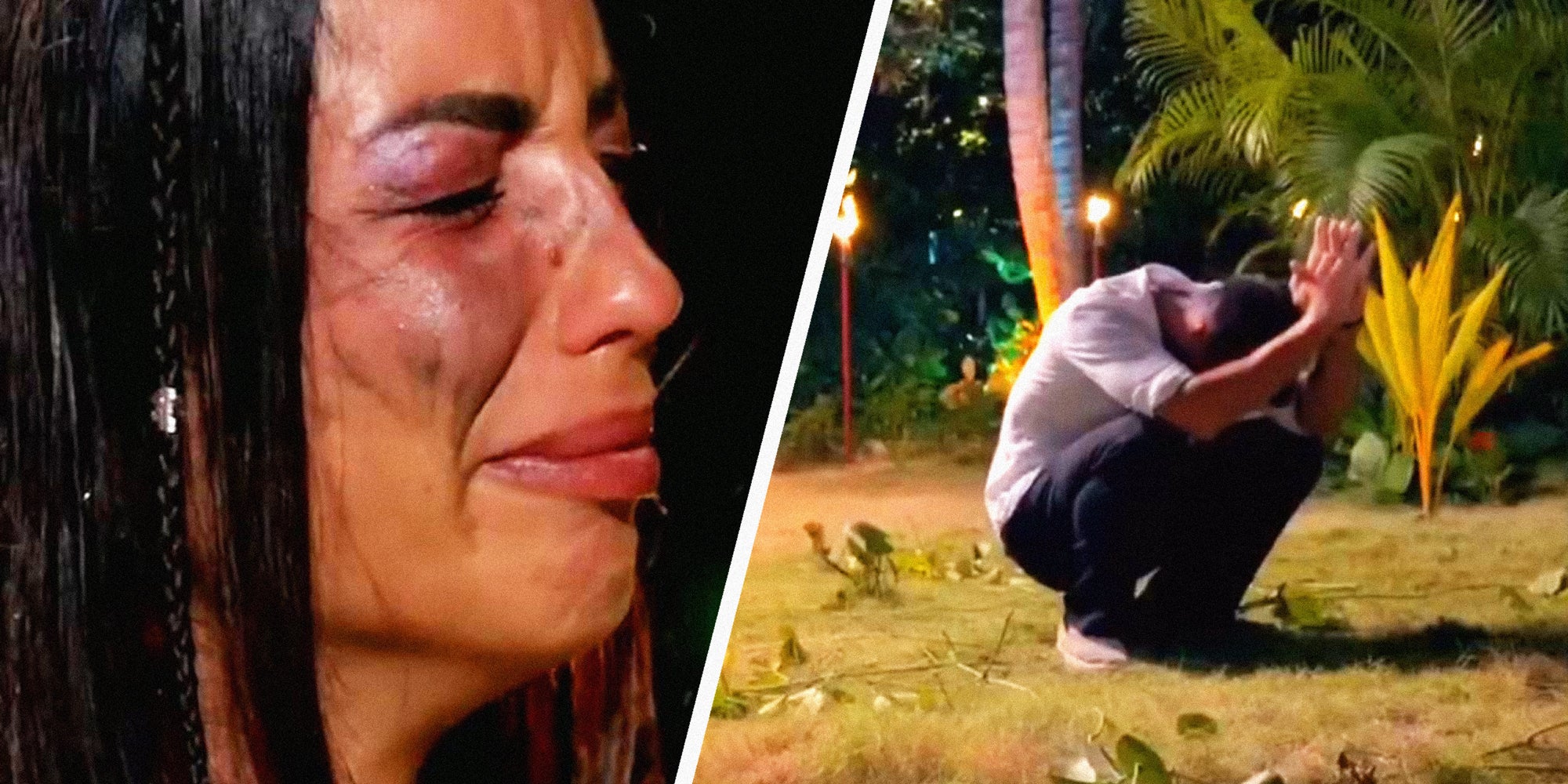 2 panel image: both scenes from a reality TV show, on the left a person cries and on the right another person squats down in a praying position.