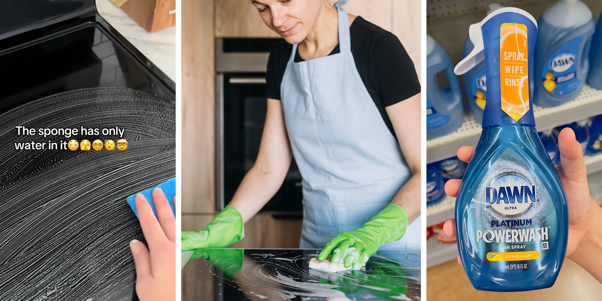 stove top being wipe(l) Woman cleaning stove top(c) Dawn Platinum Power Wash(r)