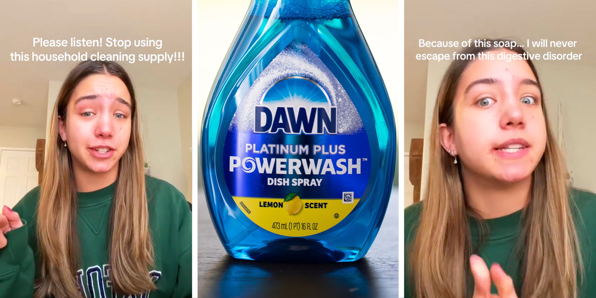 3 panel image: on the sides a person explains and in the middle is a bottle of Dawn Powerwash detergent.
