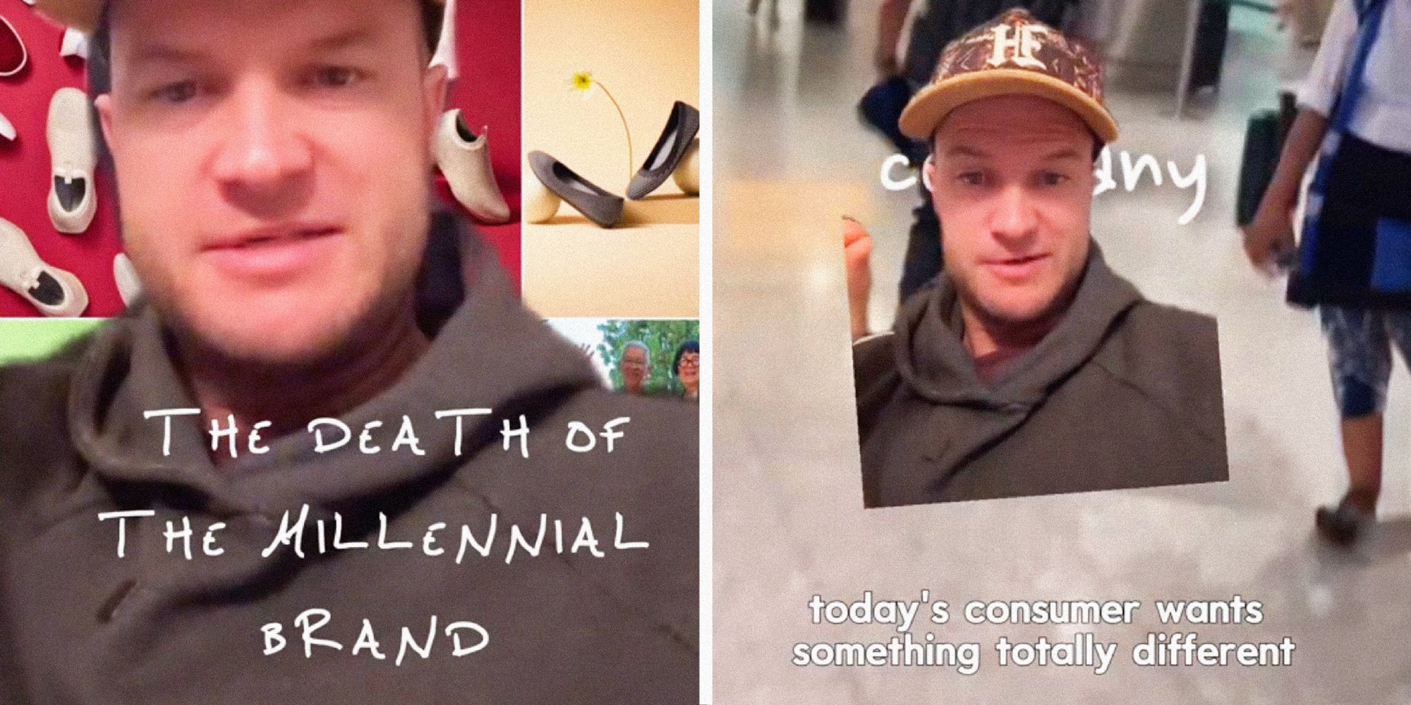 2 panel image of a person explaining. Text over says: The Death of the Millennial brand.