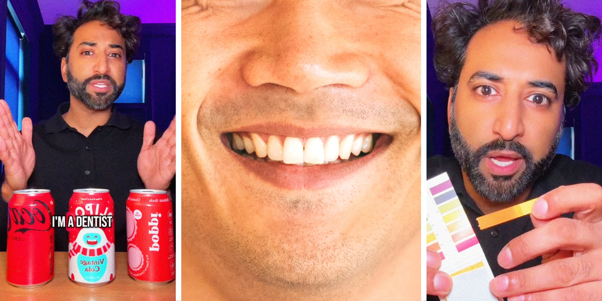 3 panel image: on the sides a person explains and in the middle is a person smiling brightly.