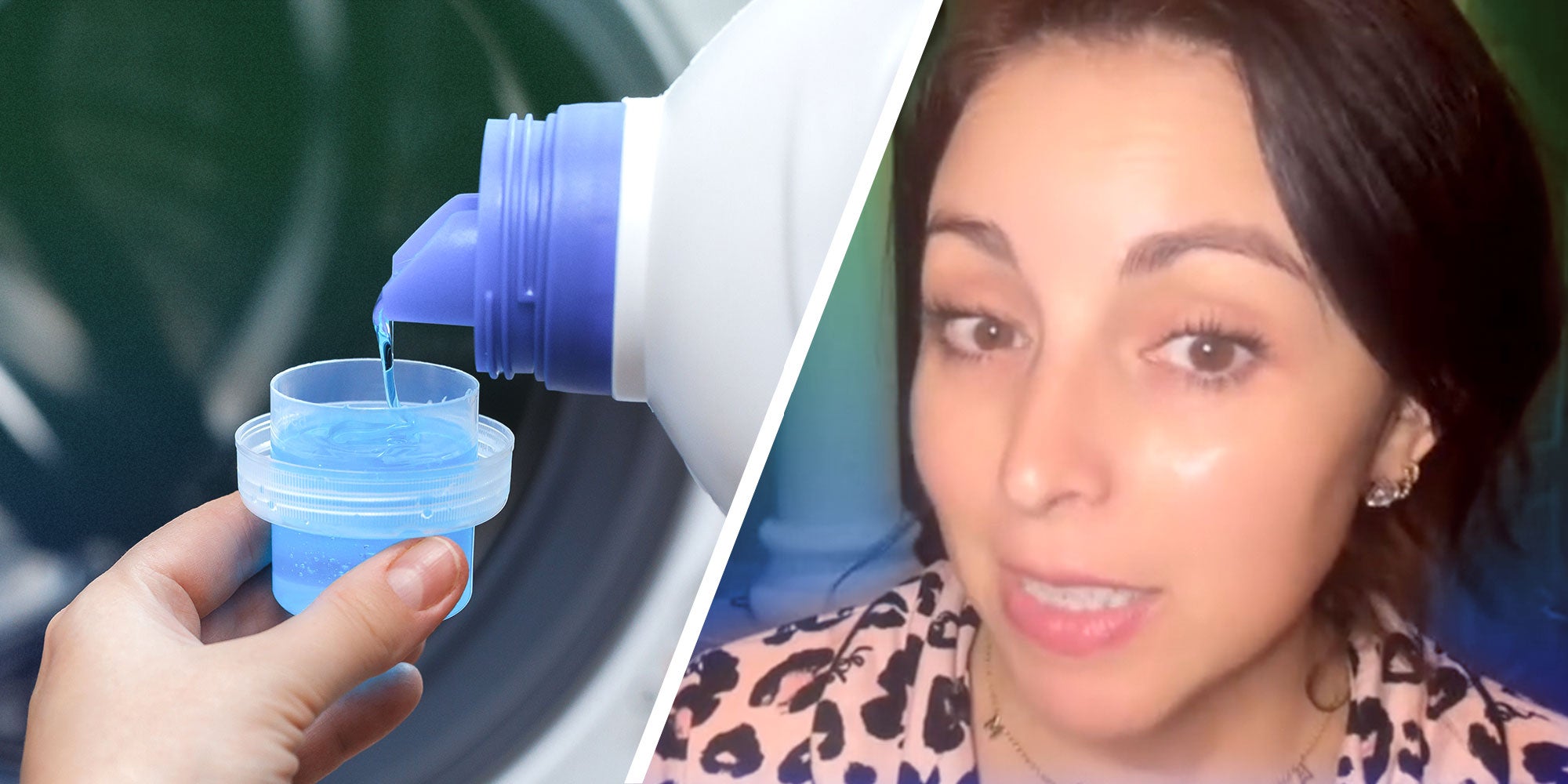 A hand pouring laundry detergent into a cap; Screenshot of Tiktok user @wild_ermomma