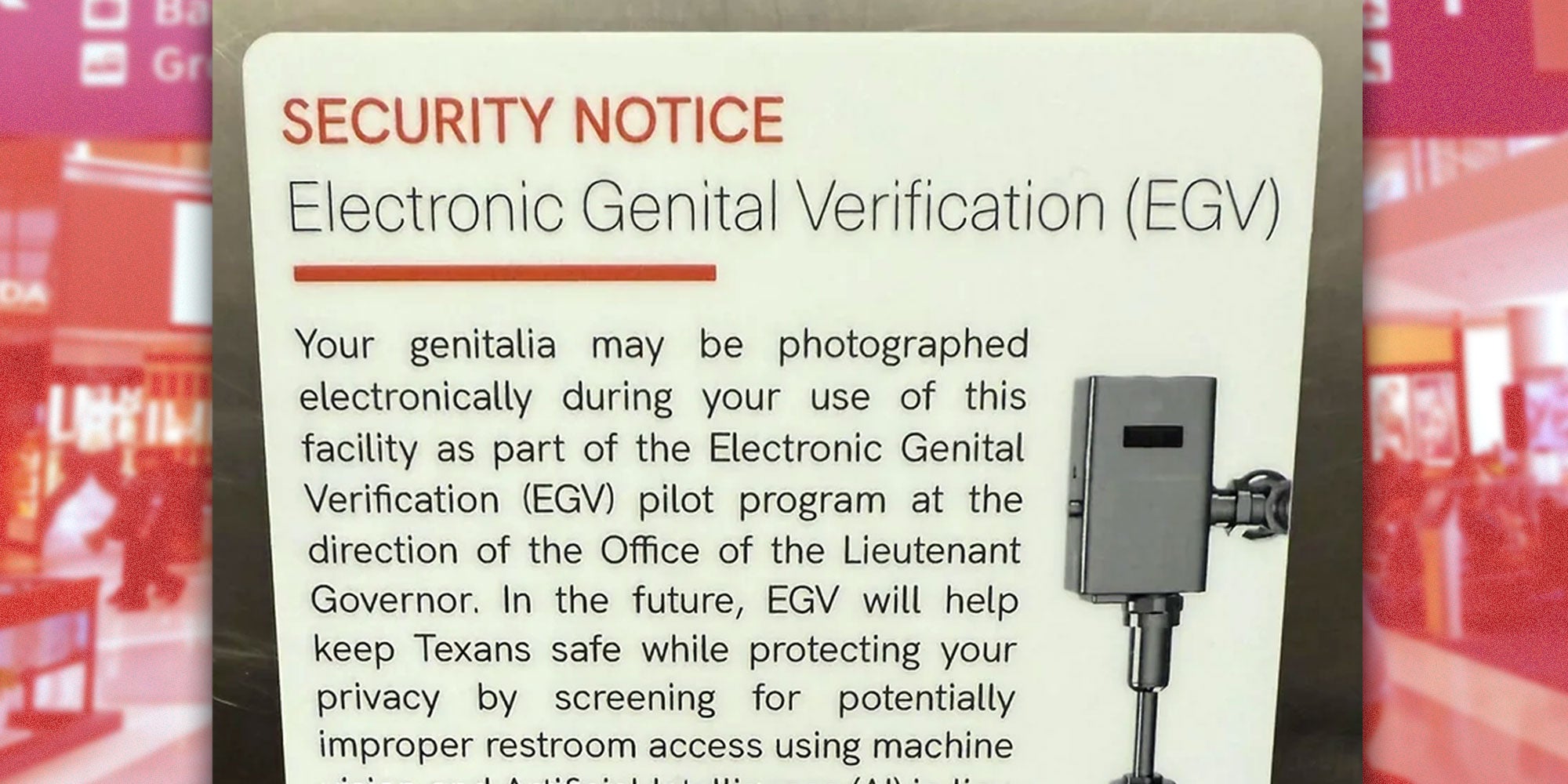 A fake sign that reads 'Security Notice, Electronic Genital Verification (EGV)'.