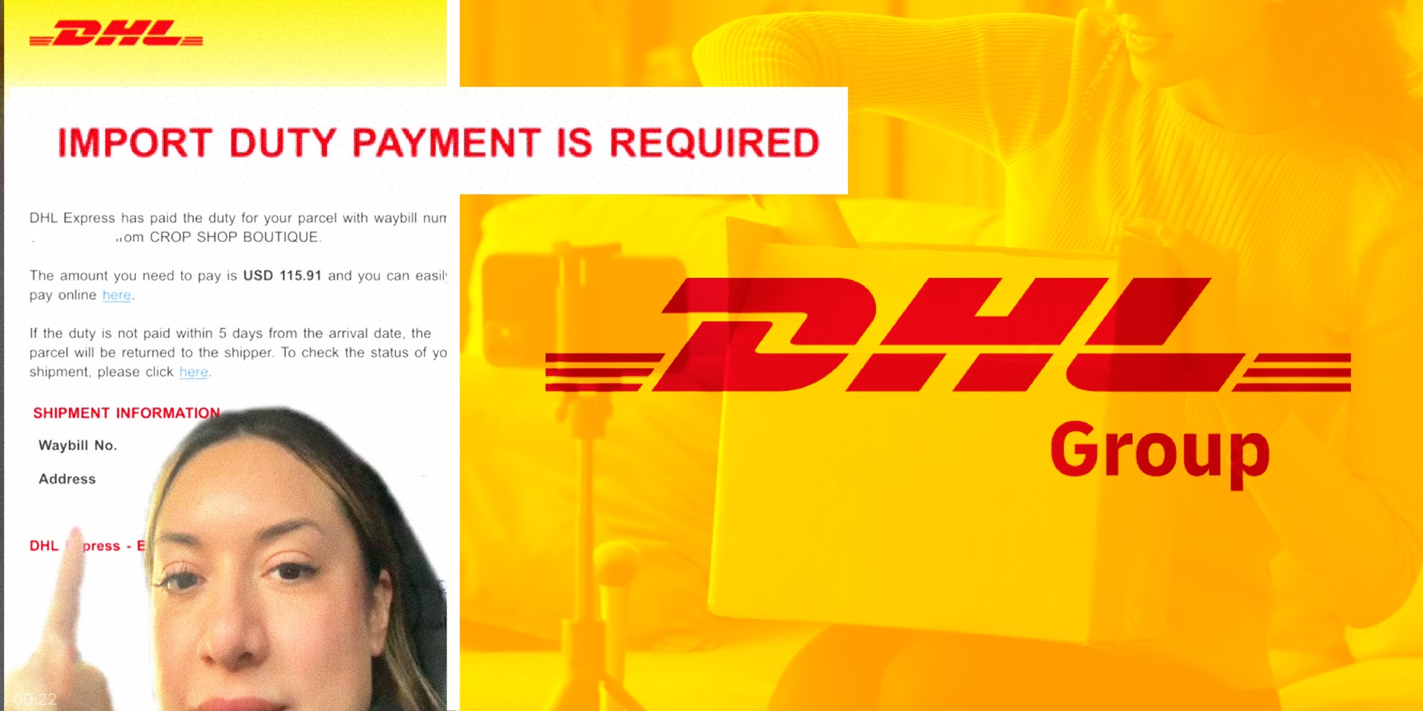 2 panel image: on the right a person explains on TikTok and on the right is the DHL logo over a person opening a box.