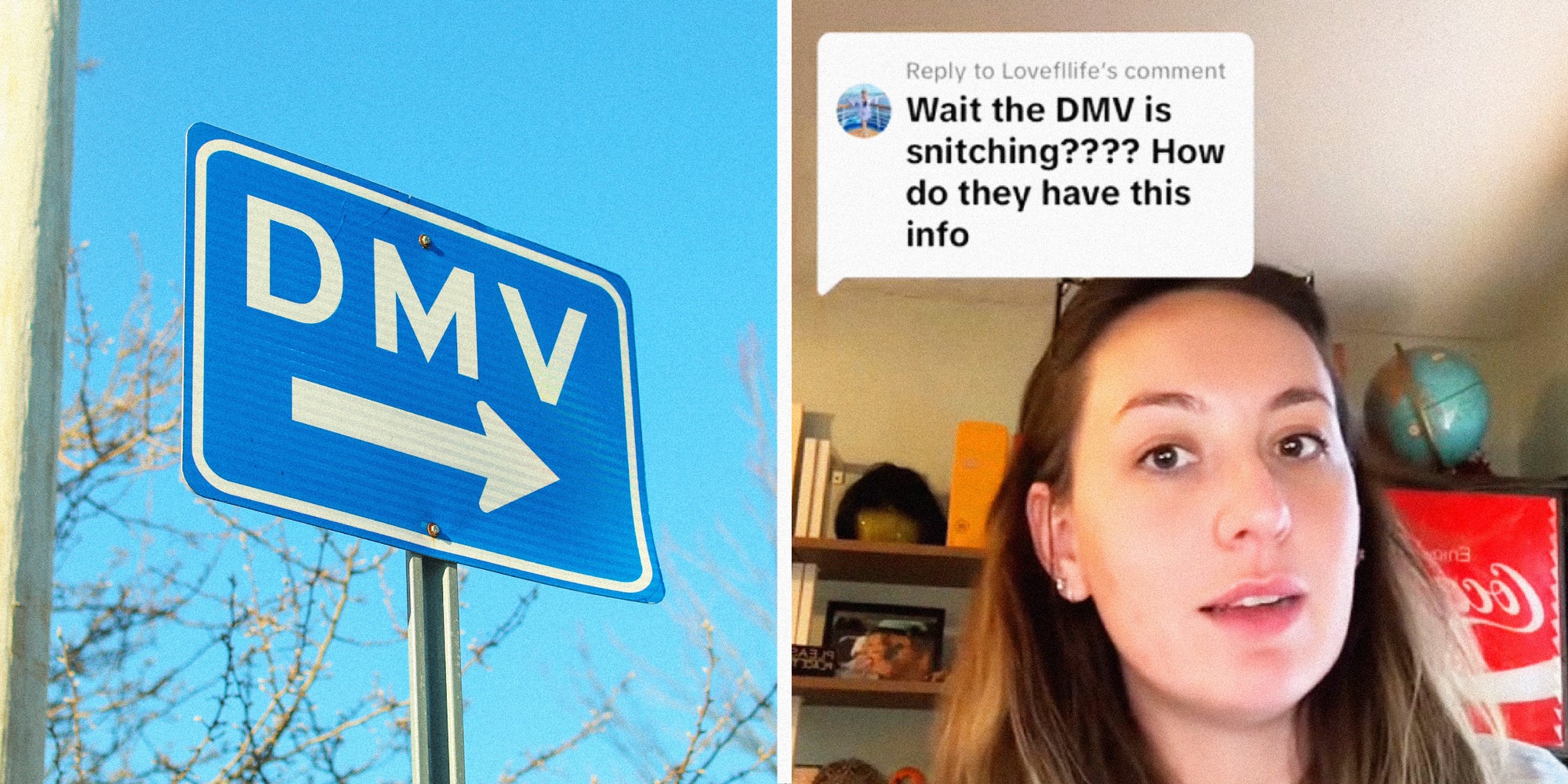 2 panel image and on the left is a sign that reads: DMV. And on the right a person explains.